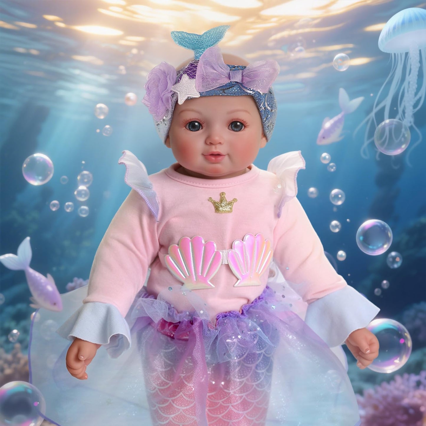 BABESIDE Mermaid Baby Doll 15-Inch: Realistic Soft Baby Doll with Shiny Mermaid Tail & Accessories
