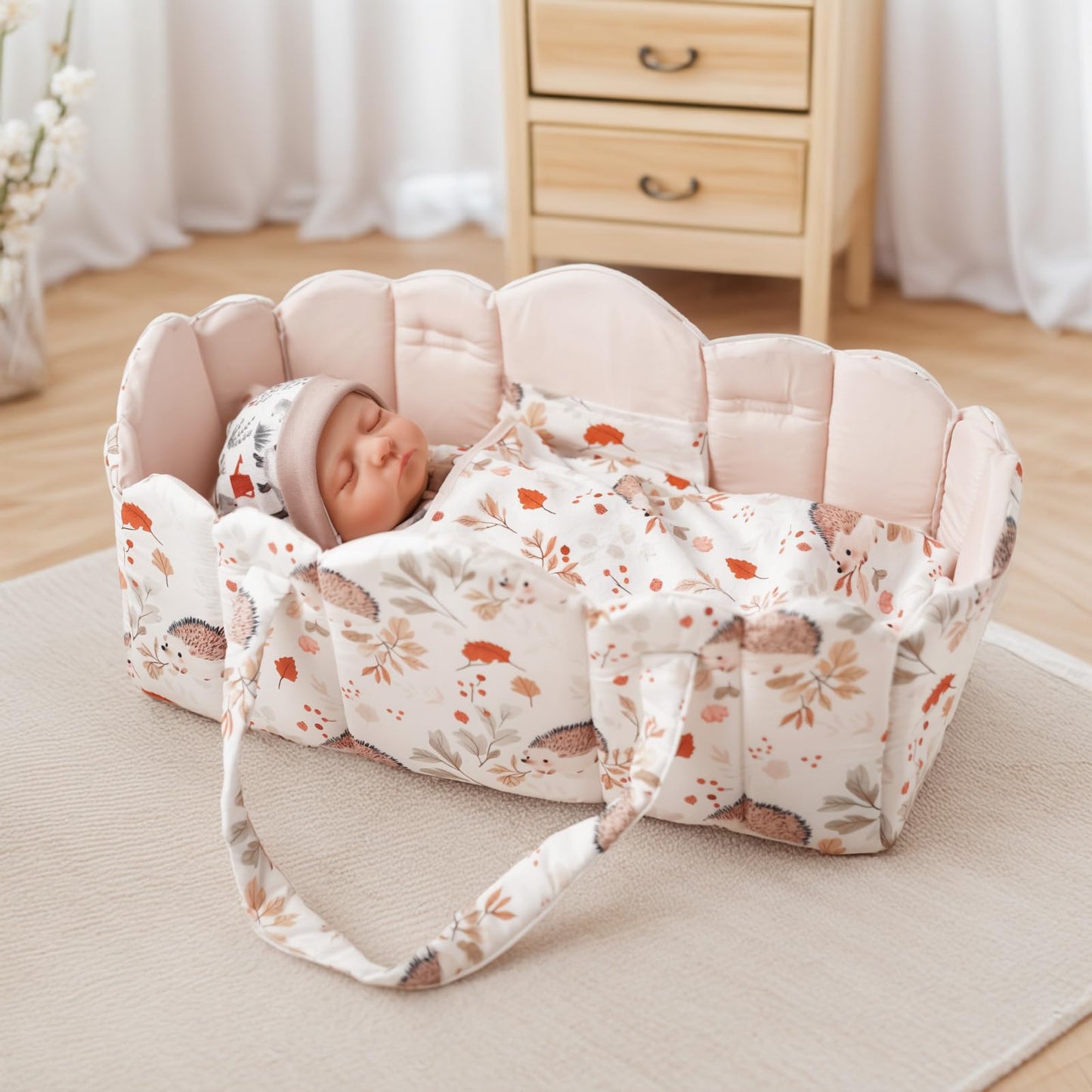 BABESIDE 3 Pcs Baby Doll Bassinet & Bedding Set for 17–22 Inch Dolls | Off-White