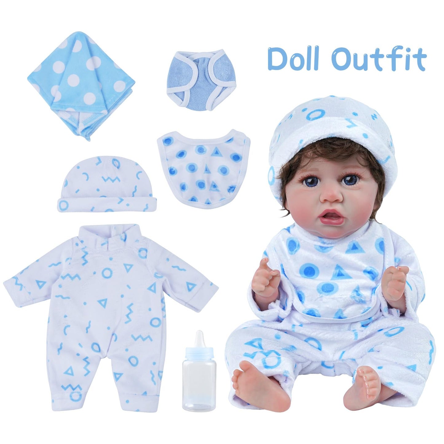 BABESIDE 8 Pcs Doll Clothes Set with Bassinet for 8-12 Inch Dolls, Blue