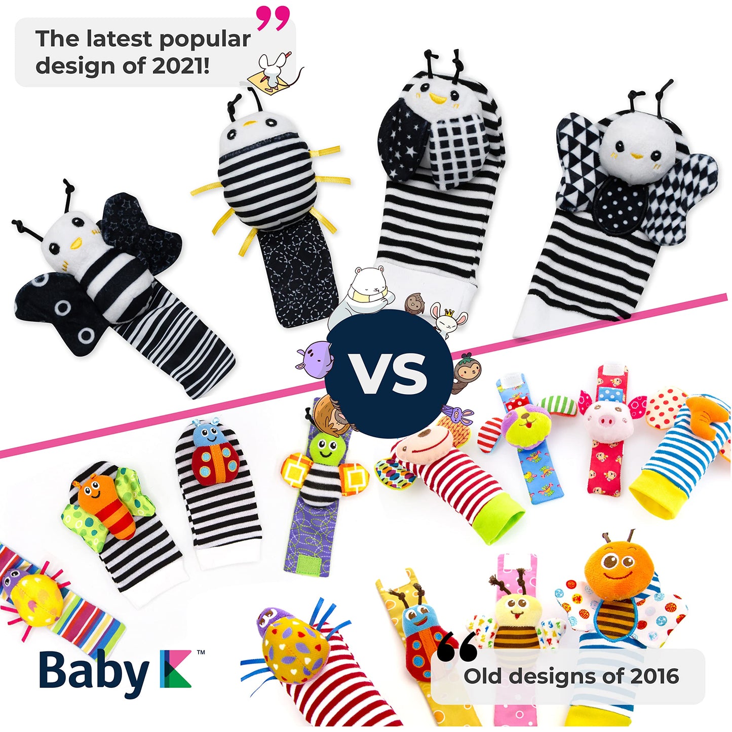 BABY K Baby Rattle Socks & Wrist Toys Set E — Newborn Monochrome Rattles for 0-12 Months