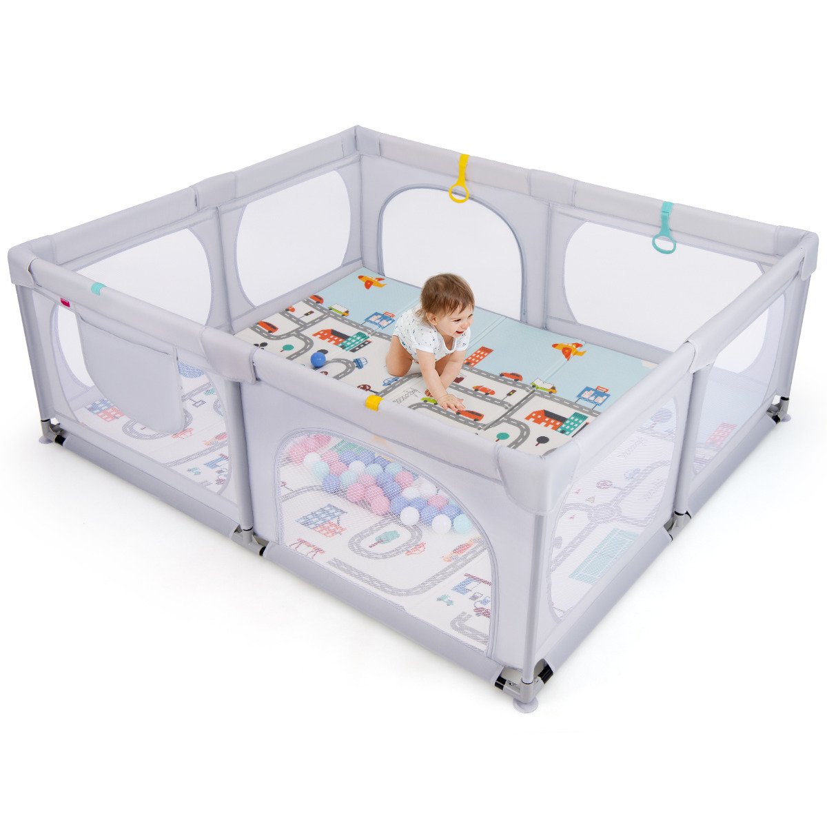 Baby Playpen with Safe Gate and Breathable Mesh-Dark Grey