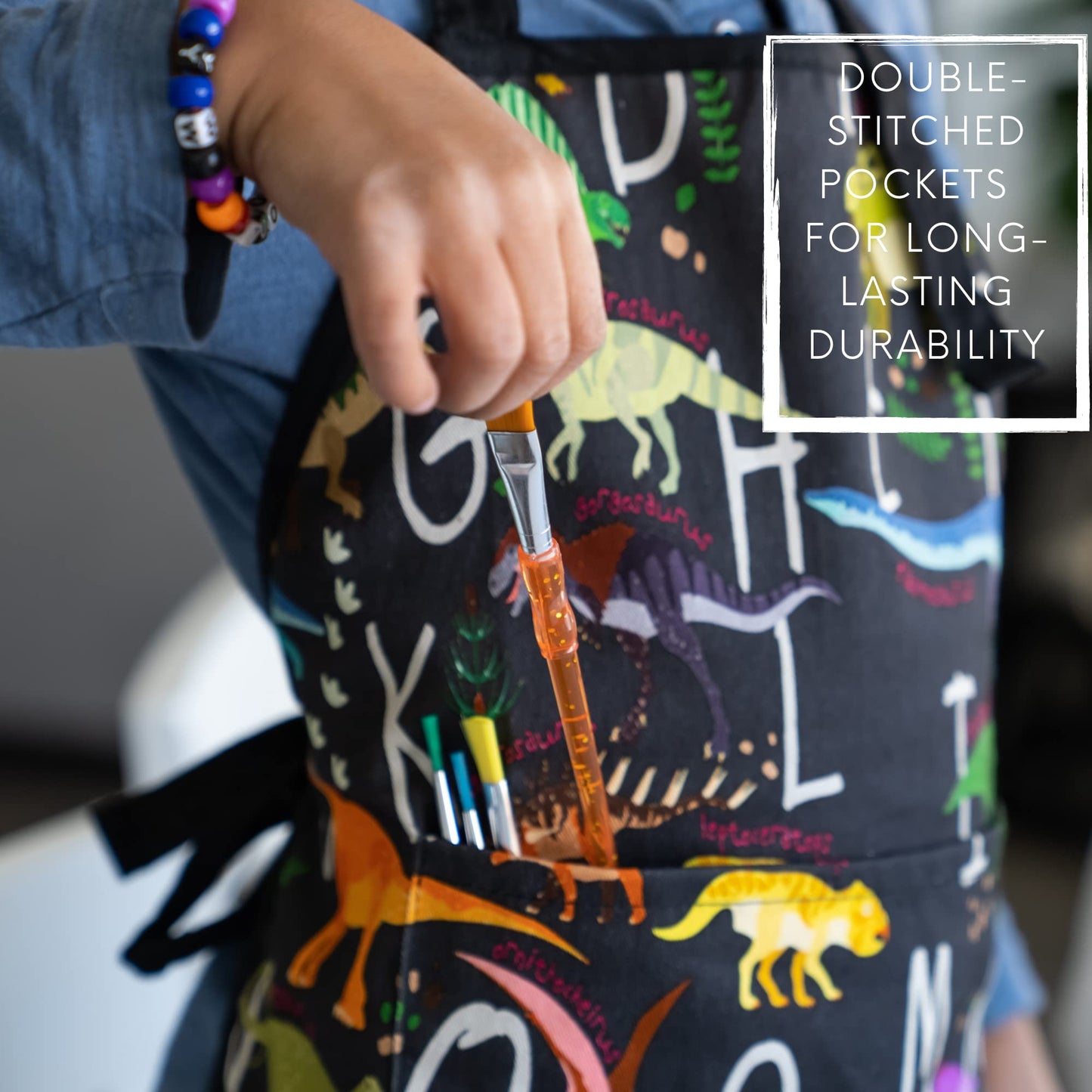 BABYBOET Kids Apron 3-5 yrs – Dinos Alphabet Print, Adjustable Neck, Pocket