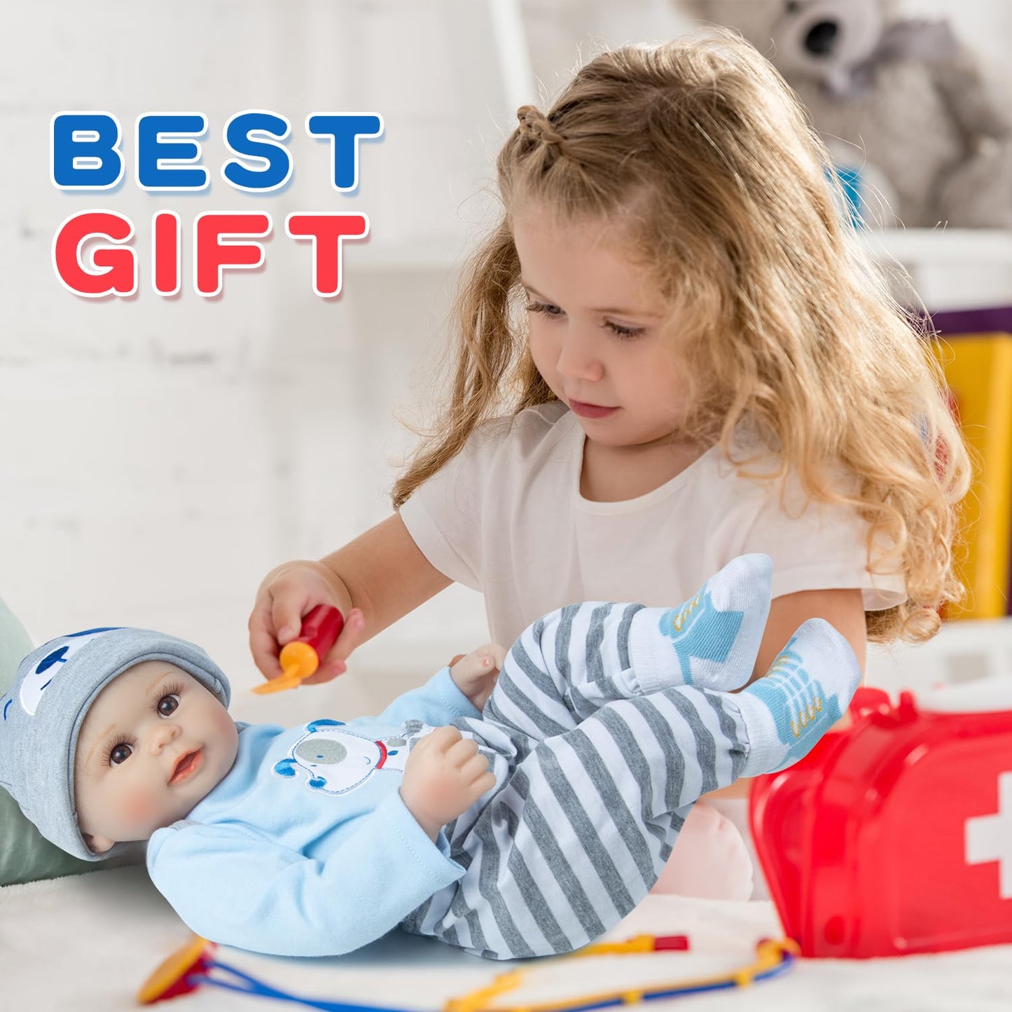 Babyfere 9-Piece Blue Dog Doll Clothes Set for 17-22 Inch Reborn Dolls – Basket, Blanket & Accessories