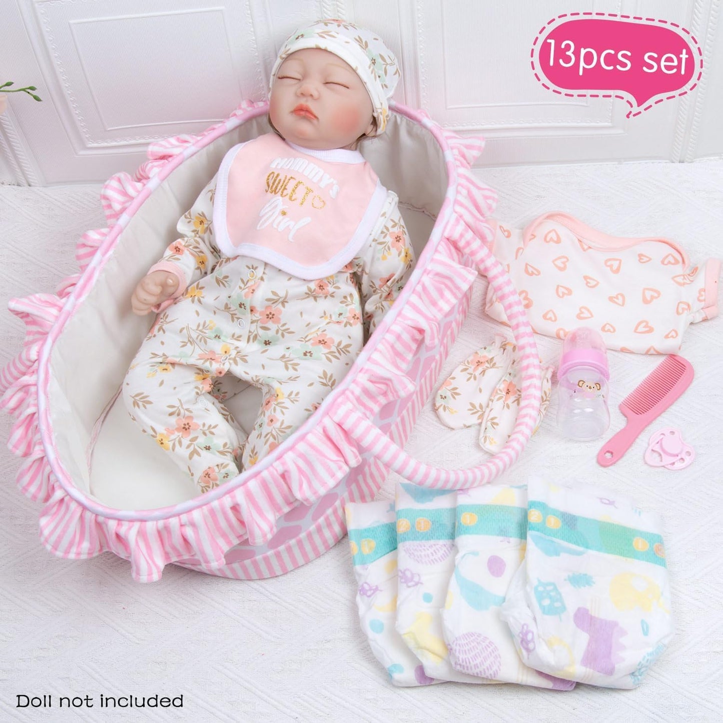 Babyfere 13-Pcs Reborn Doll Clothes Set with Bassinet, Pacifier & Diapers for 17-22 Inch Dolls