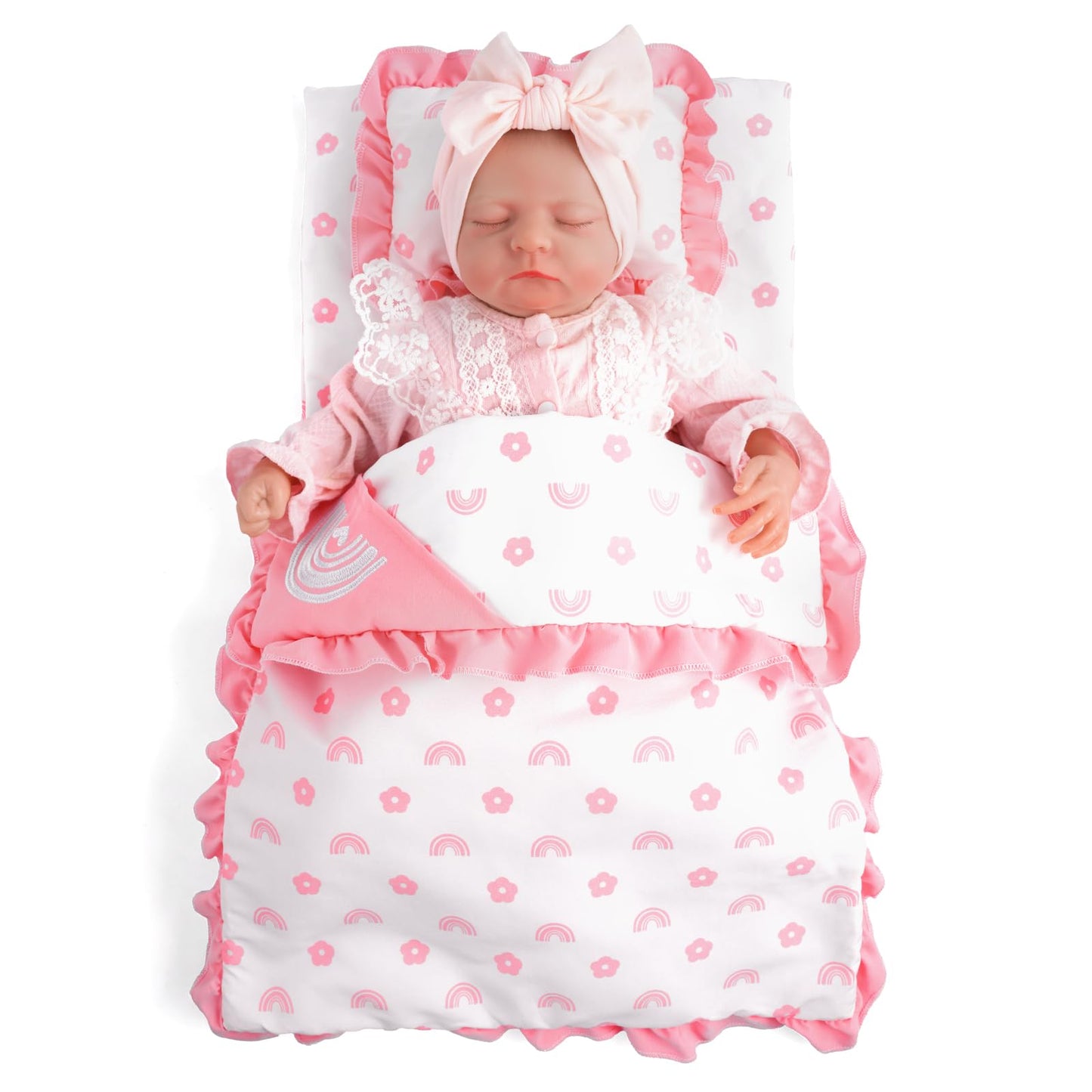 BABESIDE 4 Pcs Baby Doll Bedding Set for 17-22 Inch Dolls | Pink Flower & Rainbow Patterns