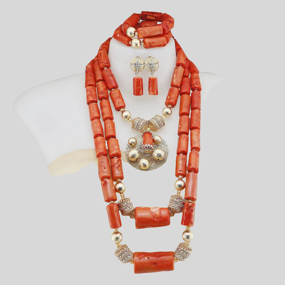 Double Layered Original Coral Nigerian Wedding Beads Jewellery Women Coral Costume Necklace Set
