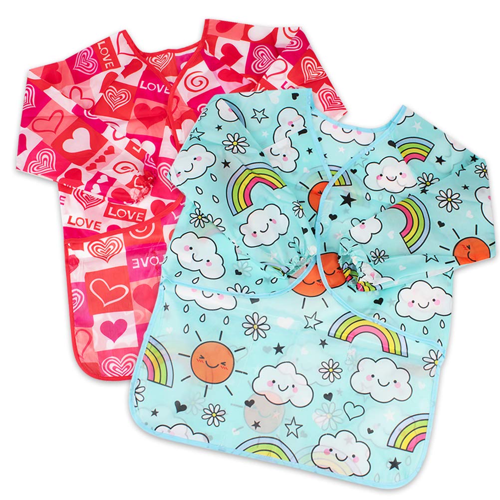 BAHABY 2 Pack Kids Art Smock - Waterproof Painting Apron with Long Sleeves & 3 Pockets (Ages 3-8)