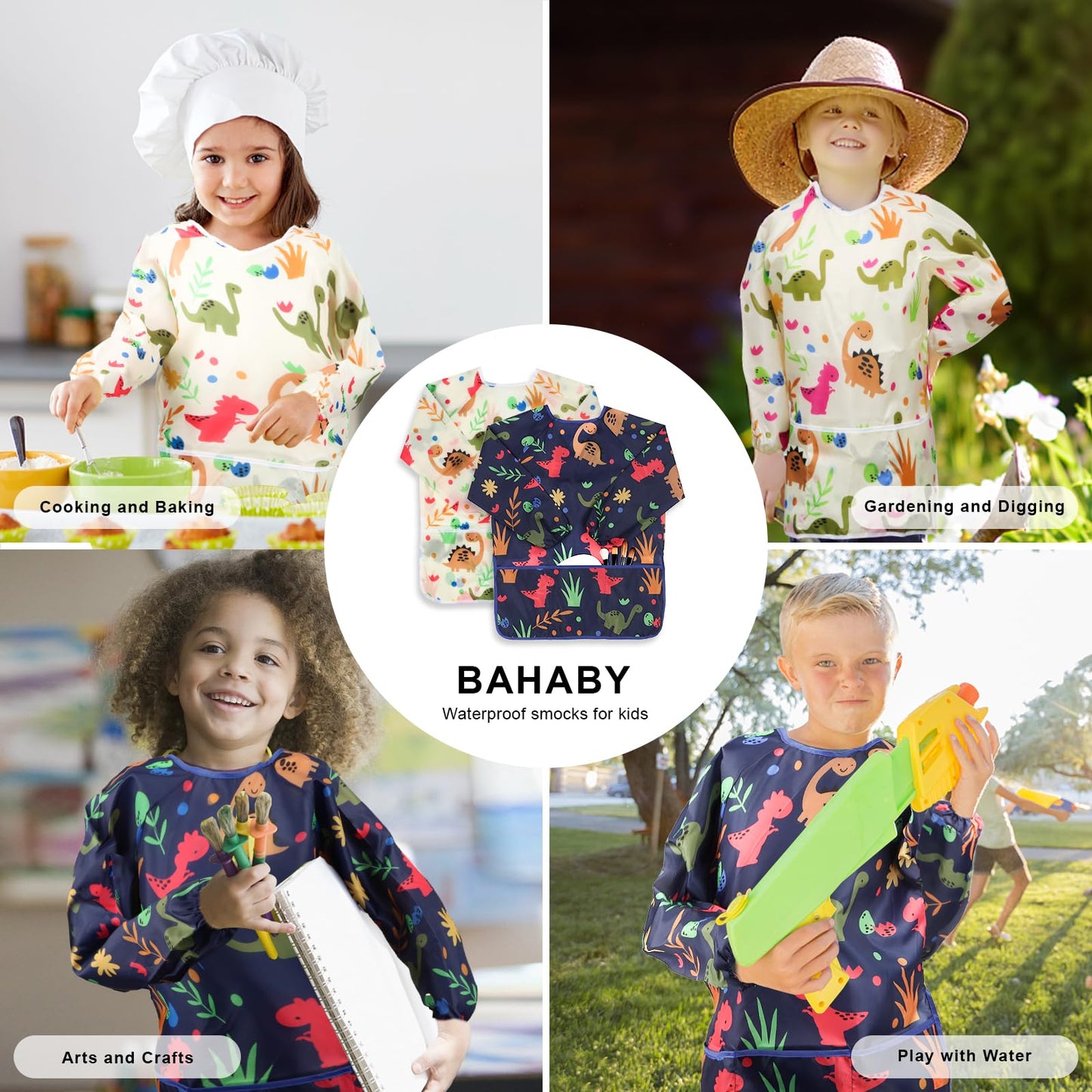 BAHABY Kids Art Smocks 2 Pack – Dinosaur Painting Aprons, Waterproof, Long Sleeve (Ages 3-8)