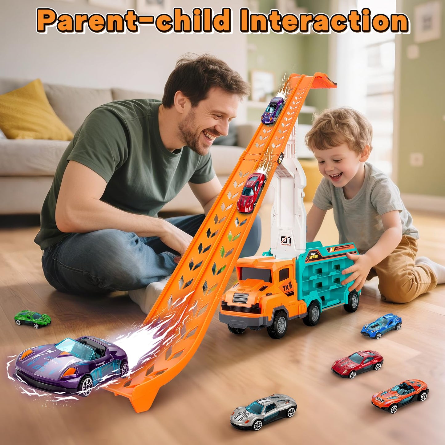 BainGesk Carrier Truck Toys – 2.8-Ft Race Track with 6 Die-Cast Cars for Ages 3–6