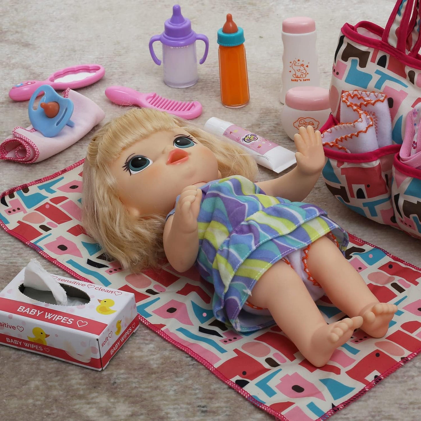 Bakatatoyz 14 Pack Baby Doll Accessories – Feeding & Care Set with Diaper Bag, Magic Bottle, Changing Mat