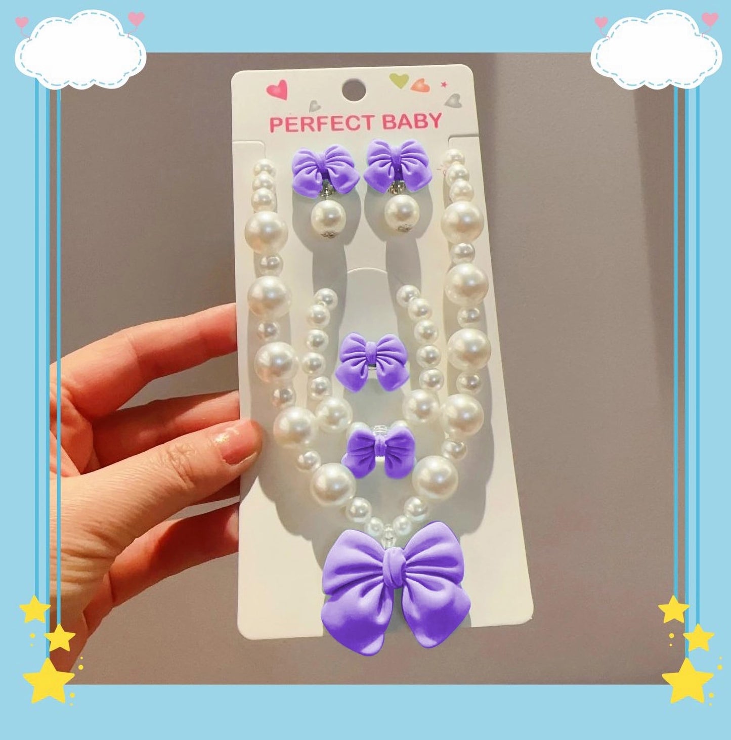 BAOBAOJOY Princess Jewelry for Little Girls - Handmade Bow Pearl Set (Purple)