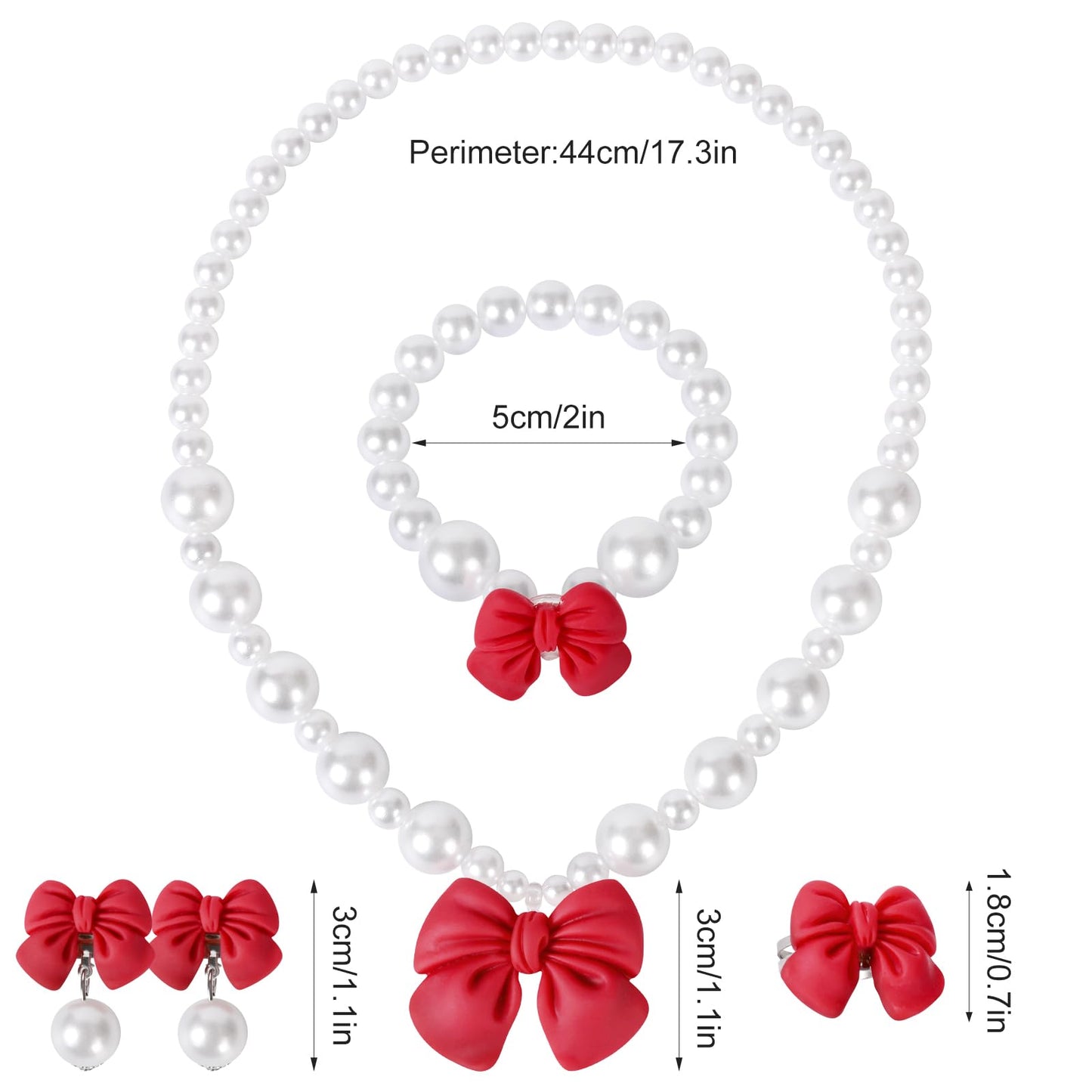 BAOBAOJOY Princess Jewelry Set for Little Girls — Handmade Bow Pearl Necklace, Bracelet, Ring & Earrings (Red)
