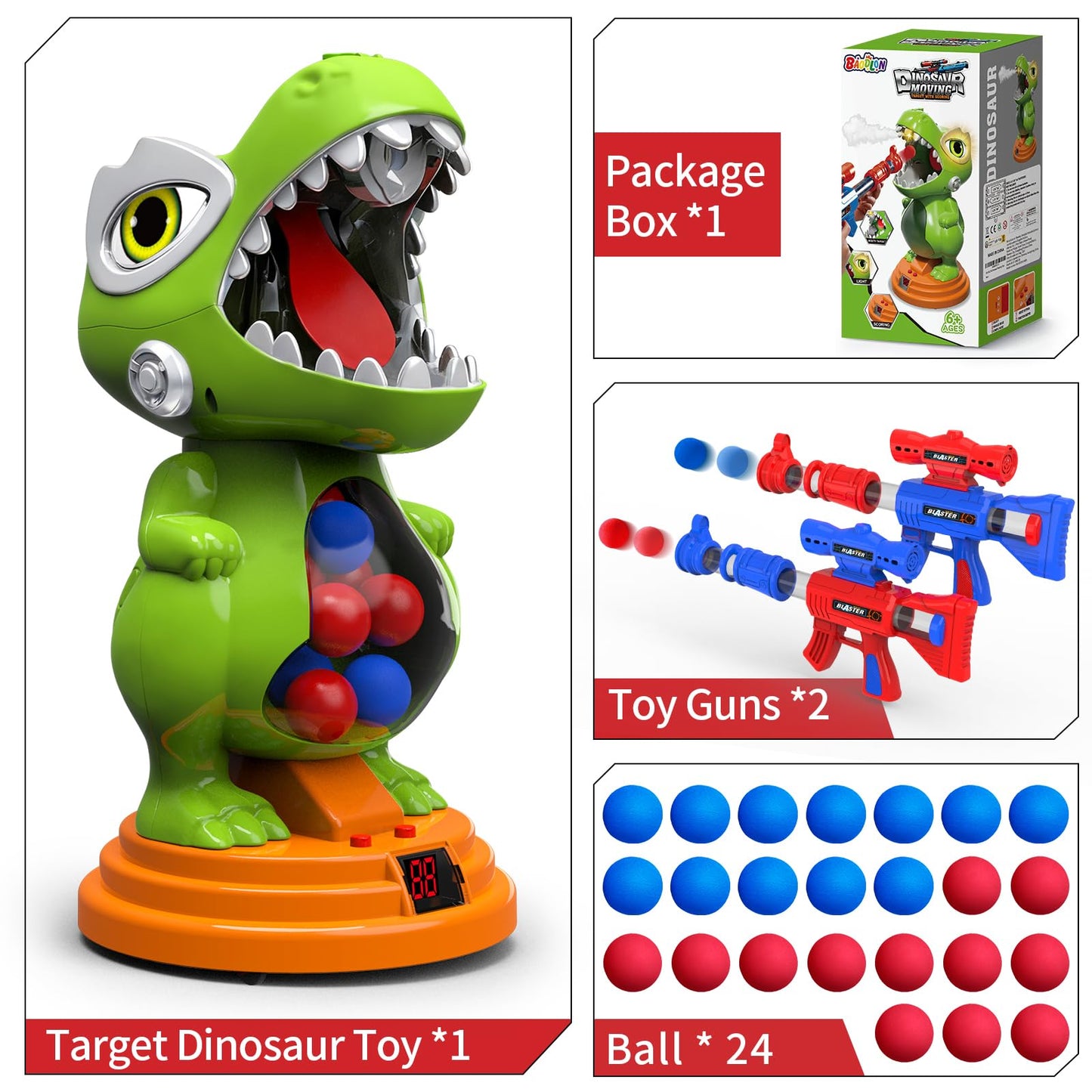 BAODLON Dinosaur Shooting Toys – Movable Target, 2 Guns, Light & Sound