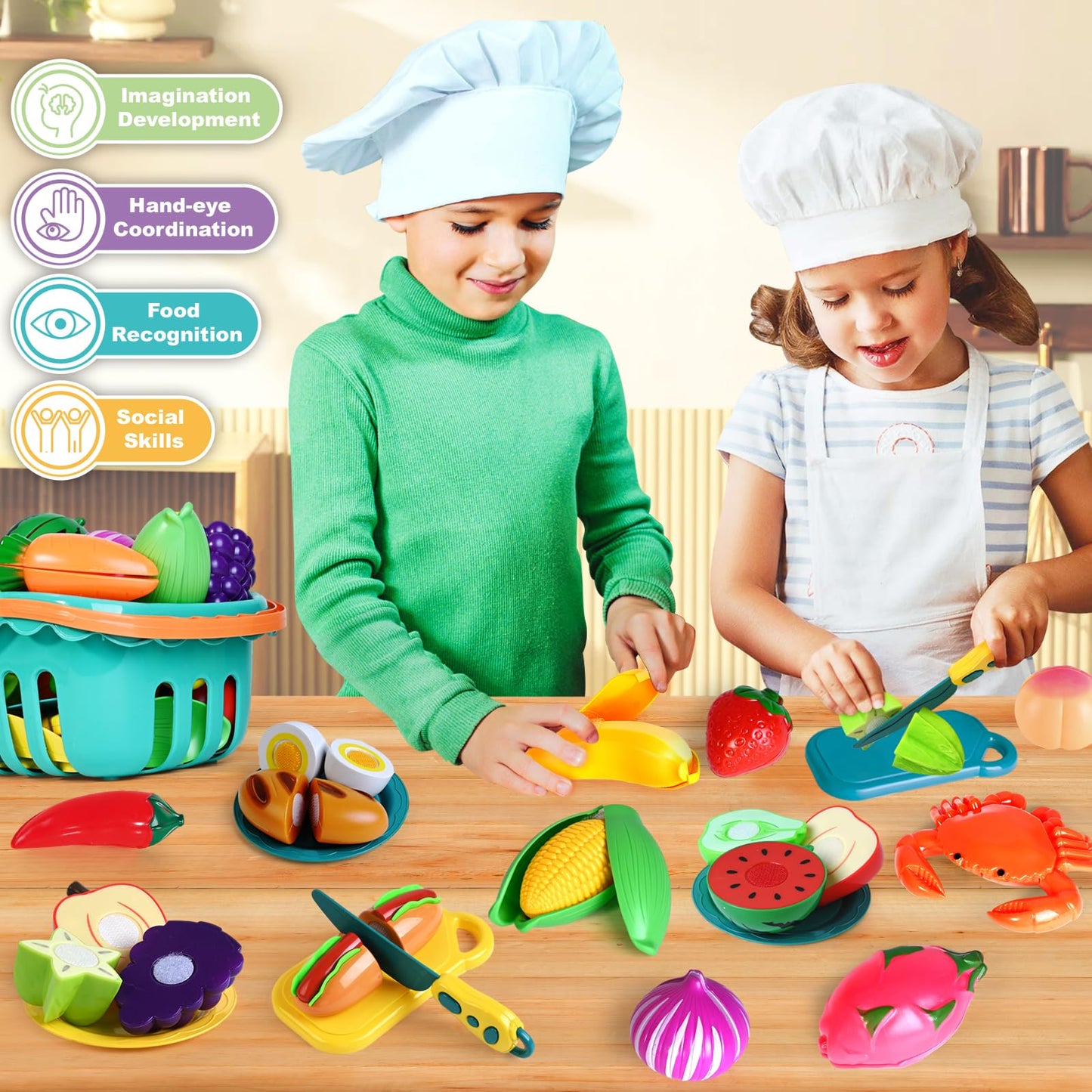 BAODLON 100 Pcs Play Food Set for Kids — Pretend Kitchen with Baskets, Plates, and Cutting Tools