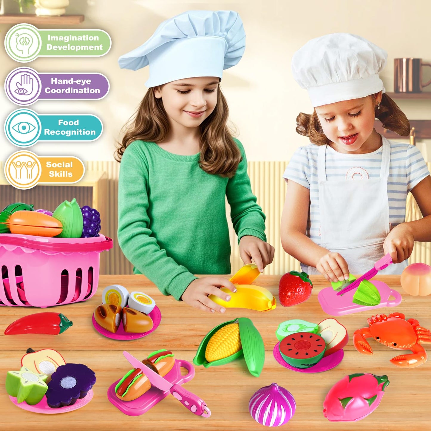 BAODLON 100 Pcs Play Food Set for Kids – Pretend Kitchen Toys with Baskets, Plates, and Safe Cutting Tools