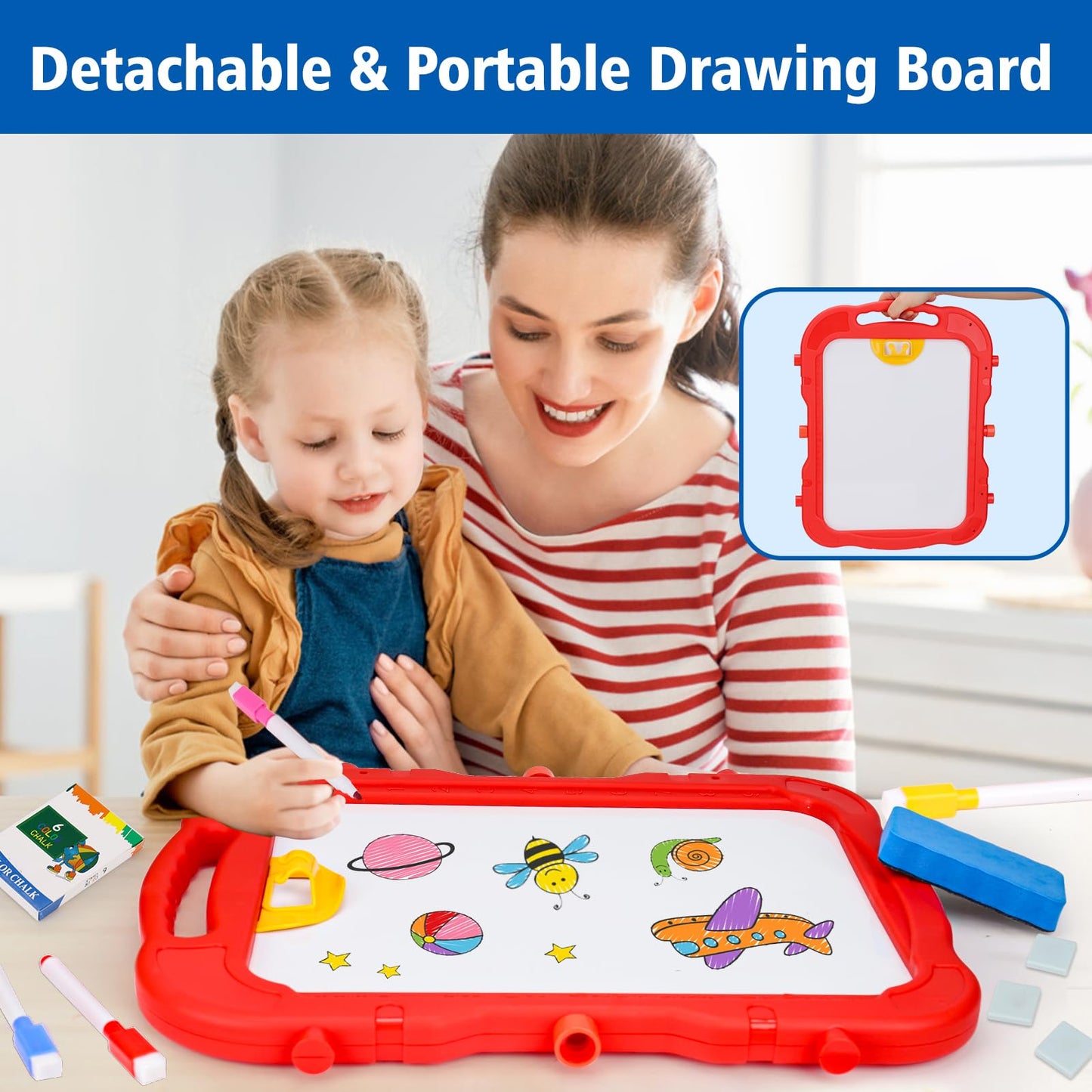 Basytodio Kids Easel for Toddlers 2-4 – Double-Sided Magnetic Chalkboard & Whiteboard, Adjustable & Portable