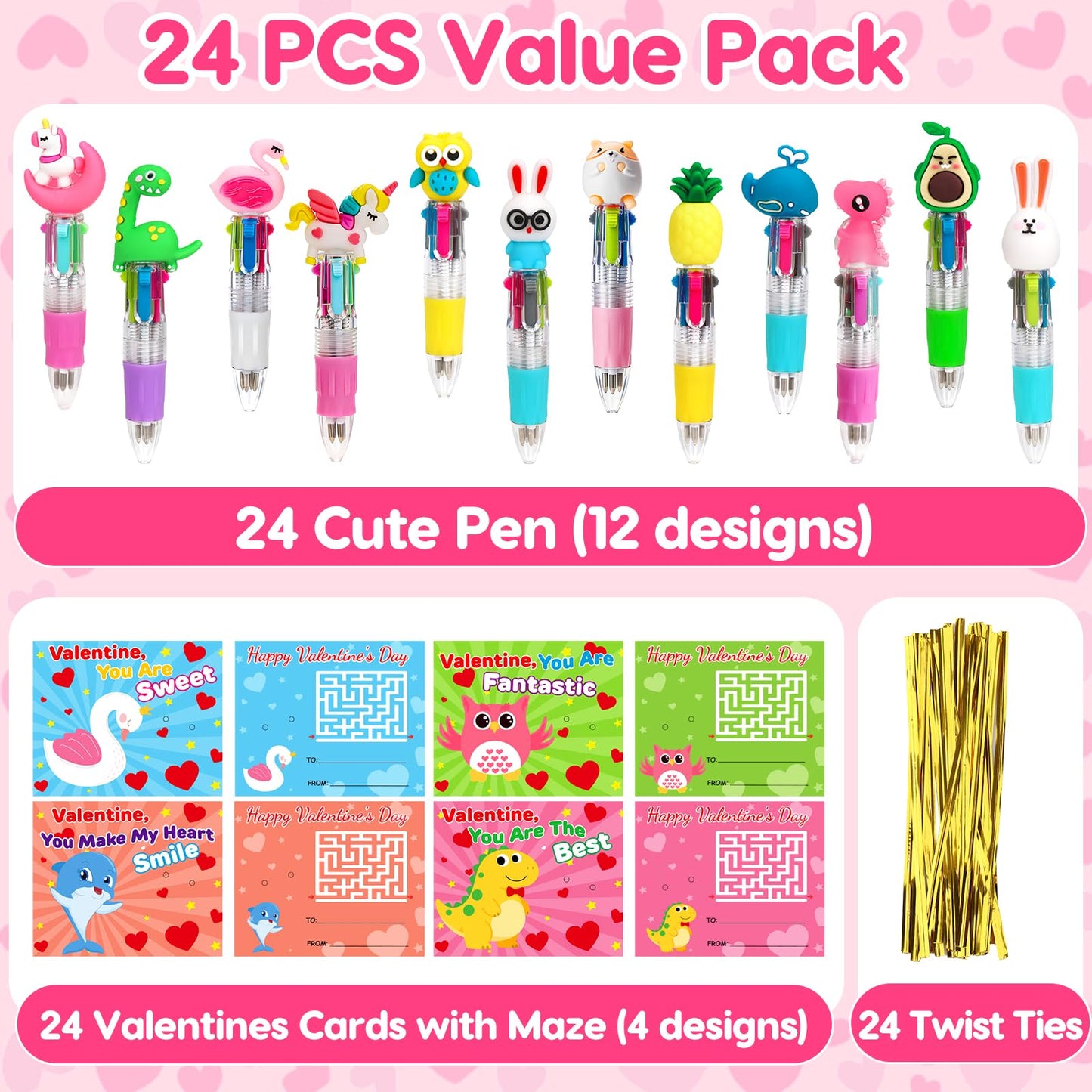 Basytodio Valentines Day Gifts for Kids – 24 Pack Multicolor Pens & 24 Cards for Classroom Exchange