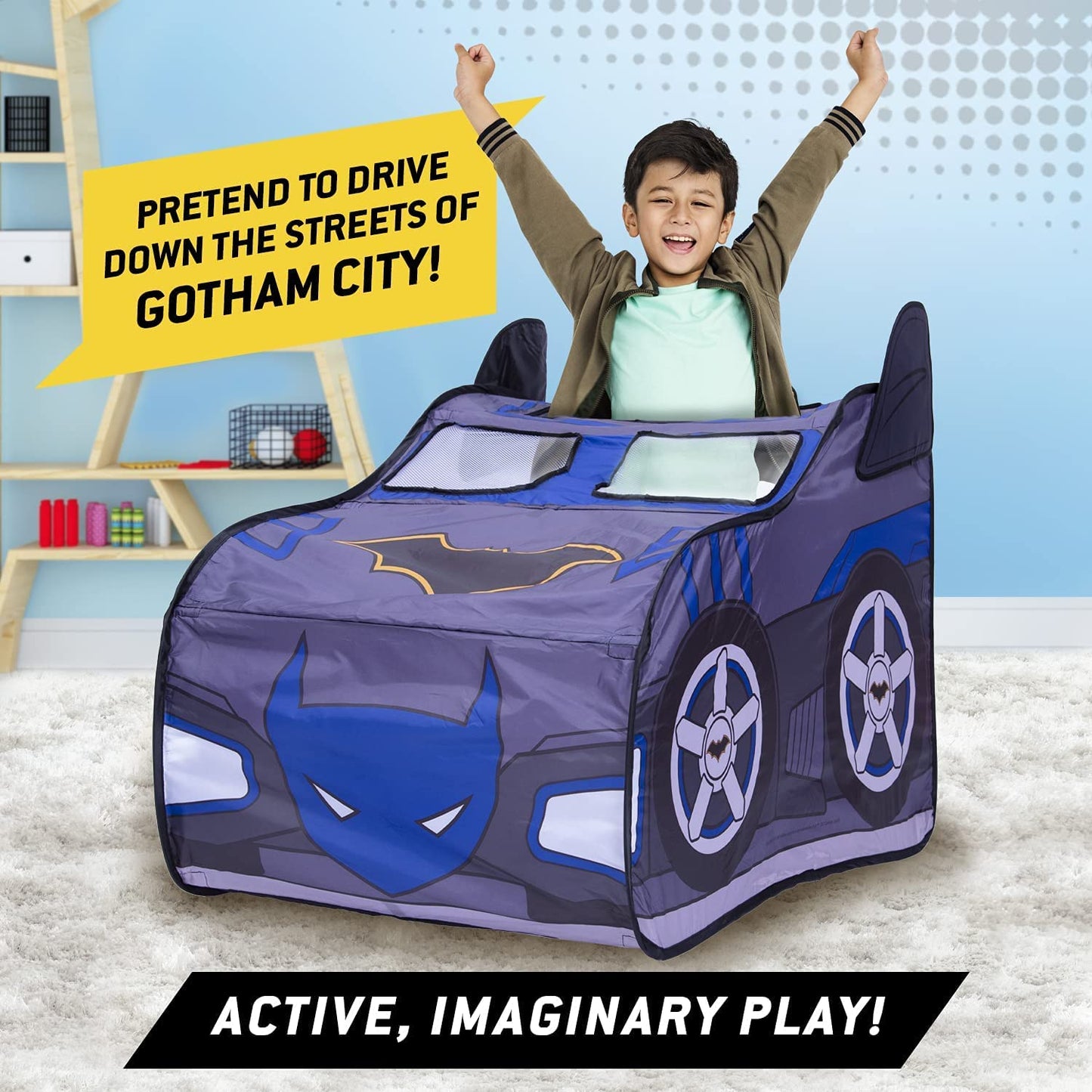 Batman Batmobile Pop Up Tent – Large Indoor Playhouse for Kids | Easy Fold & Carry Bag | Sunny Days Entertainment