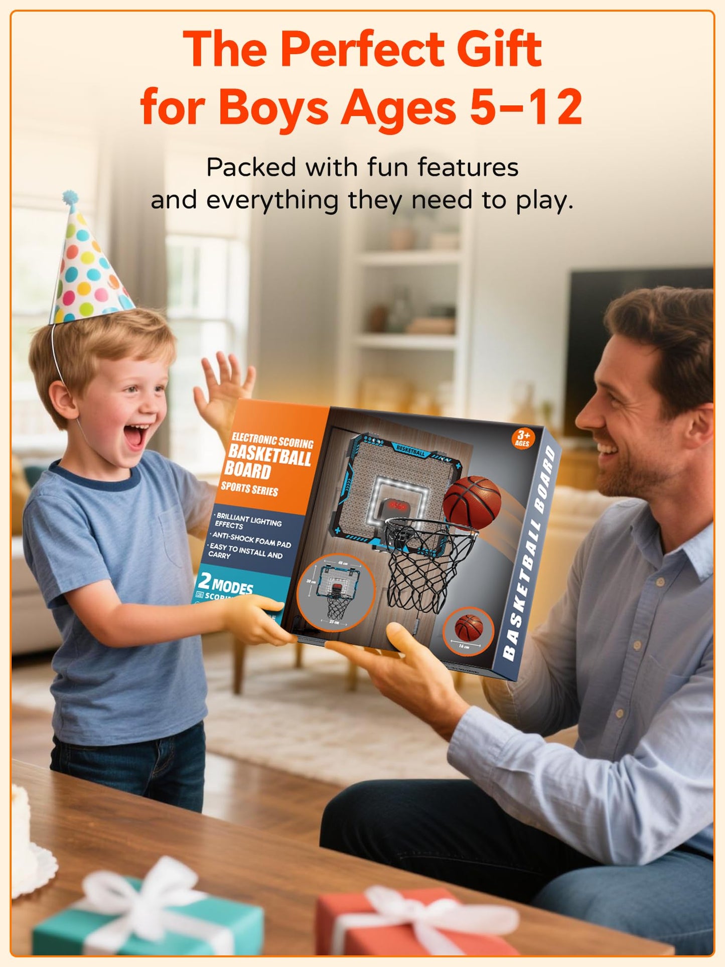 BATURU Over The Door Basketball Hoop for Kids – Indoor Toy with LED Scoreboard, Lights & Sound