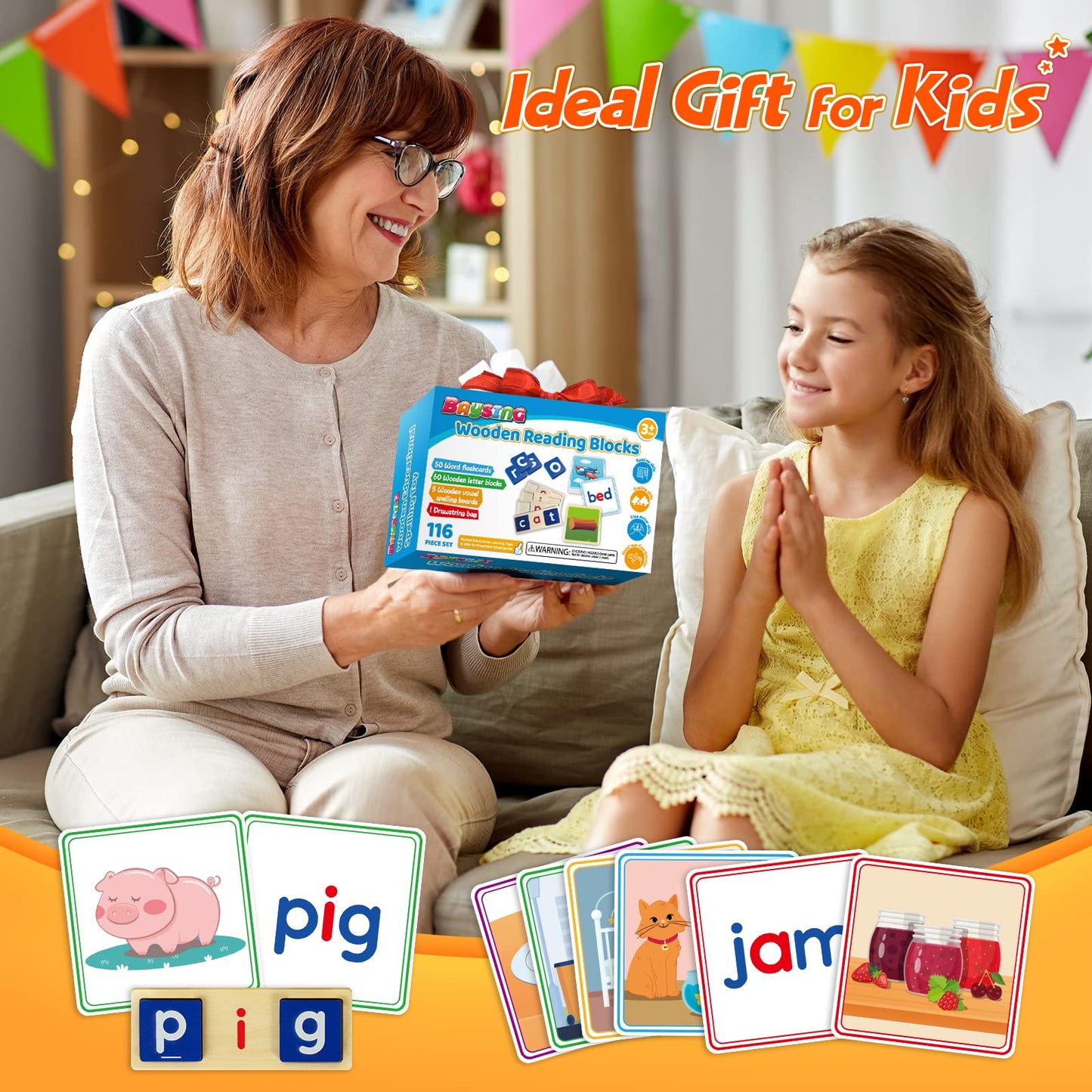BAYSING Learning Toys for 3-5 Year Olds - 116-Pcs Short Vowel Letters & Double-Sided Flash Cards