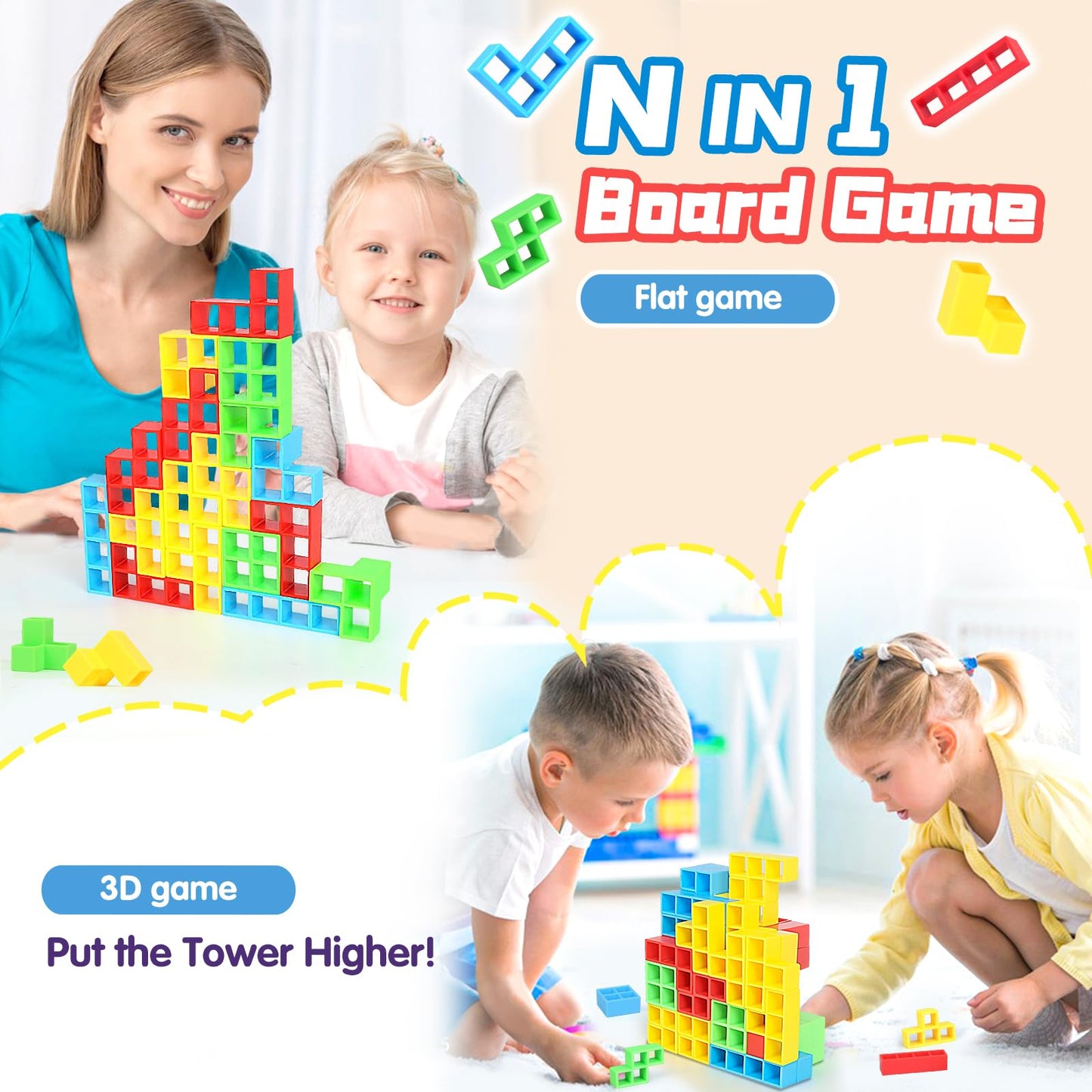 BBnote 96PCS Stack Game for Adults & Kids – 4-Player Tetra Tower