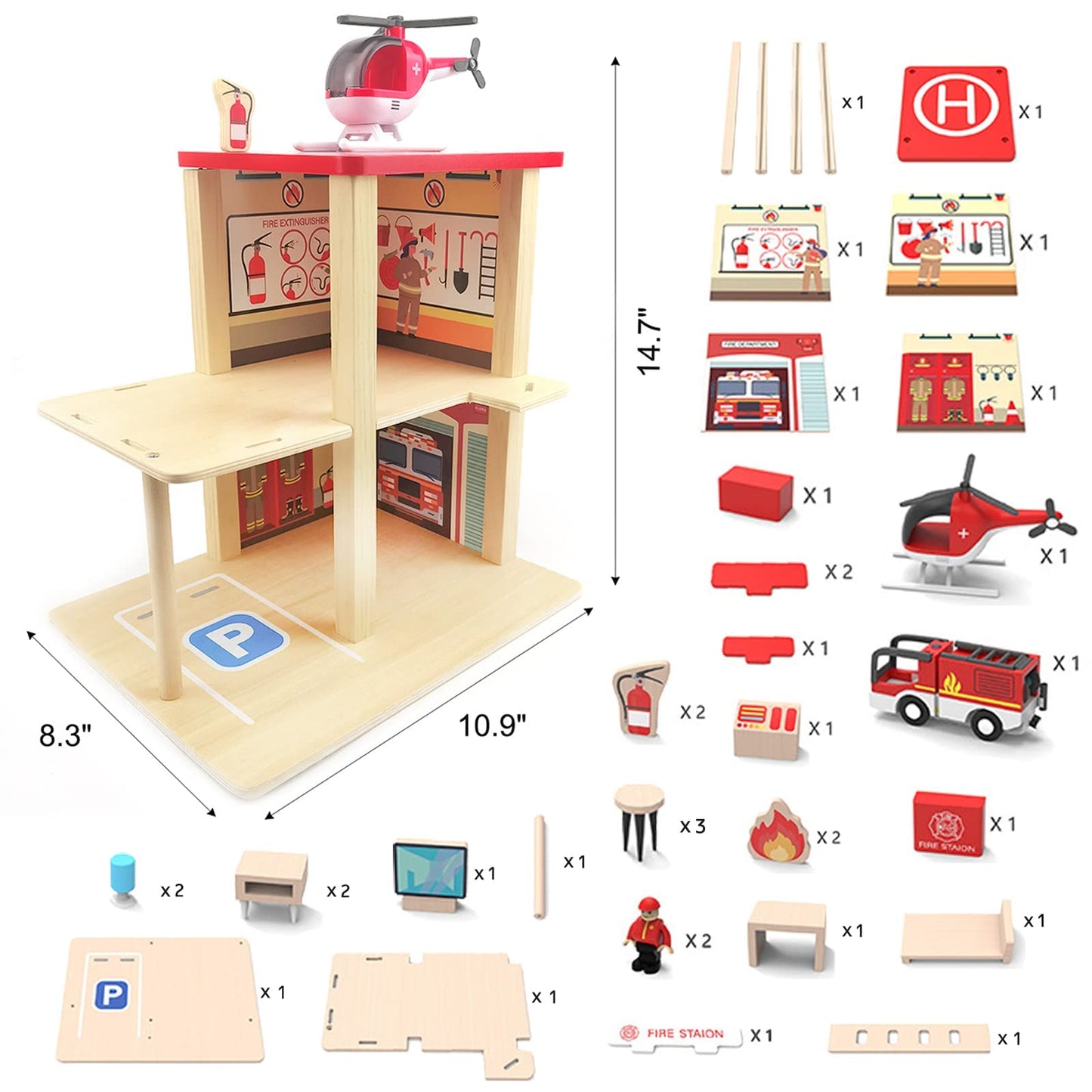 BBtinker Wooden Fire Station Playset — 3-Level Dollhouse with Figures, Truck & Helicopter