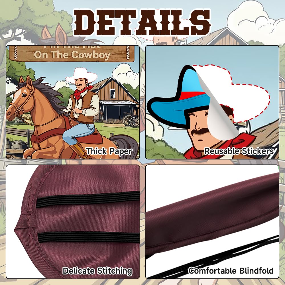 BBUP Pin The Hat on The Cowboy – Western Party Poster Game with 24 Hats, 24 Stickers & 1 Eye Mask for 24 Players