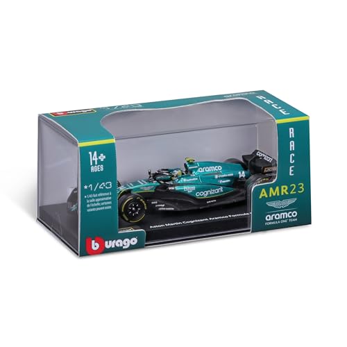 Bburago 1:43 Aston Martin AMR23 Diecast — 2023 Formula Race with Driver Helmet