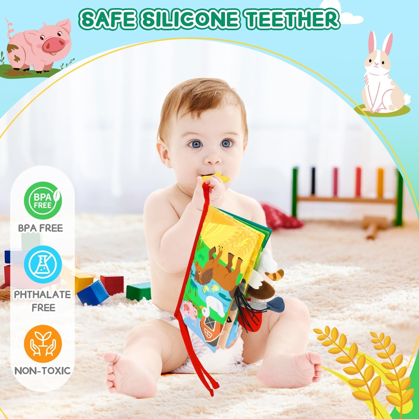 BBWOO Soft Baby Book Toy – Tummy Time Crinkle Book & Teether (0–12 Months)
