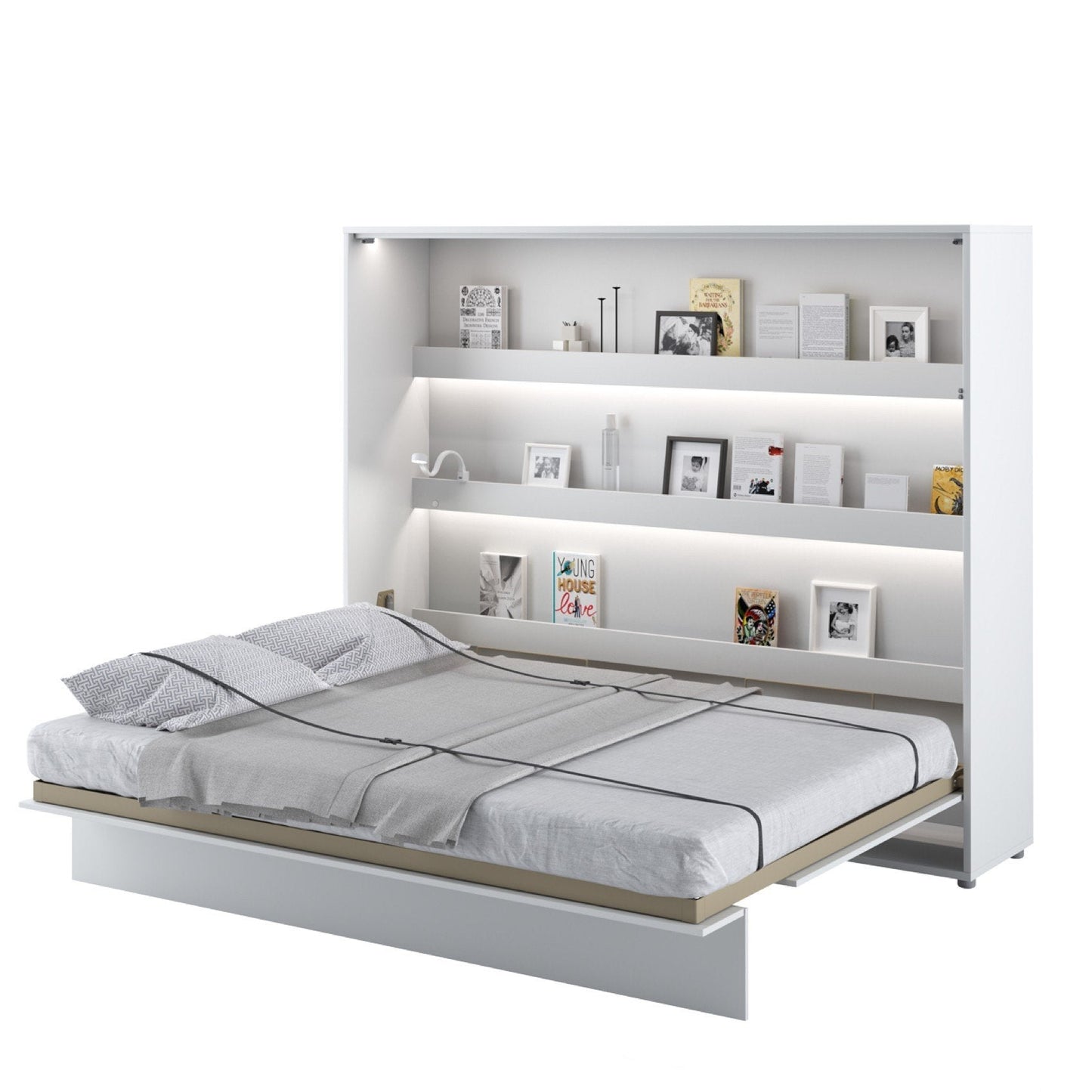 Horizontal Folding Wall Bed – EU King 160cm | Hidden Pull Down Bed with Shelves & Locking System