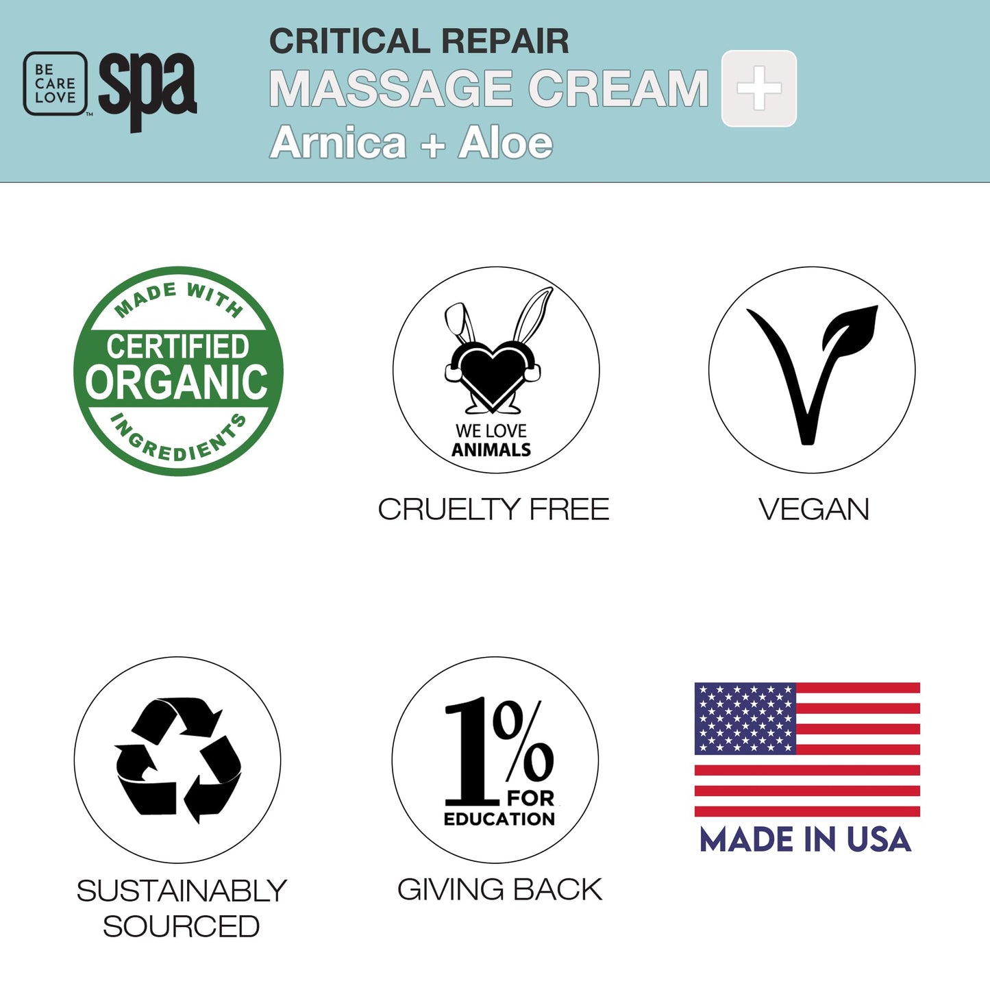 BCL Spa Critical Repair Massage Cream with Arnica, Aloe, Kelp, Argan Oil | 16 oz | Vegan & Organic