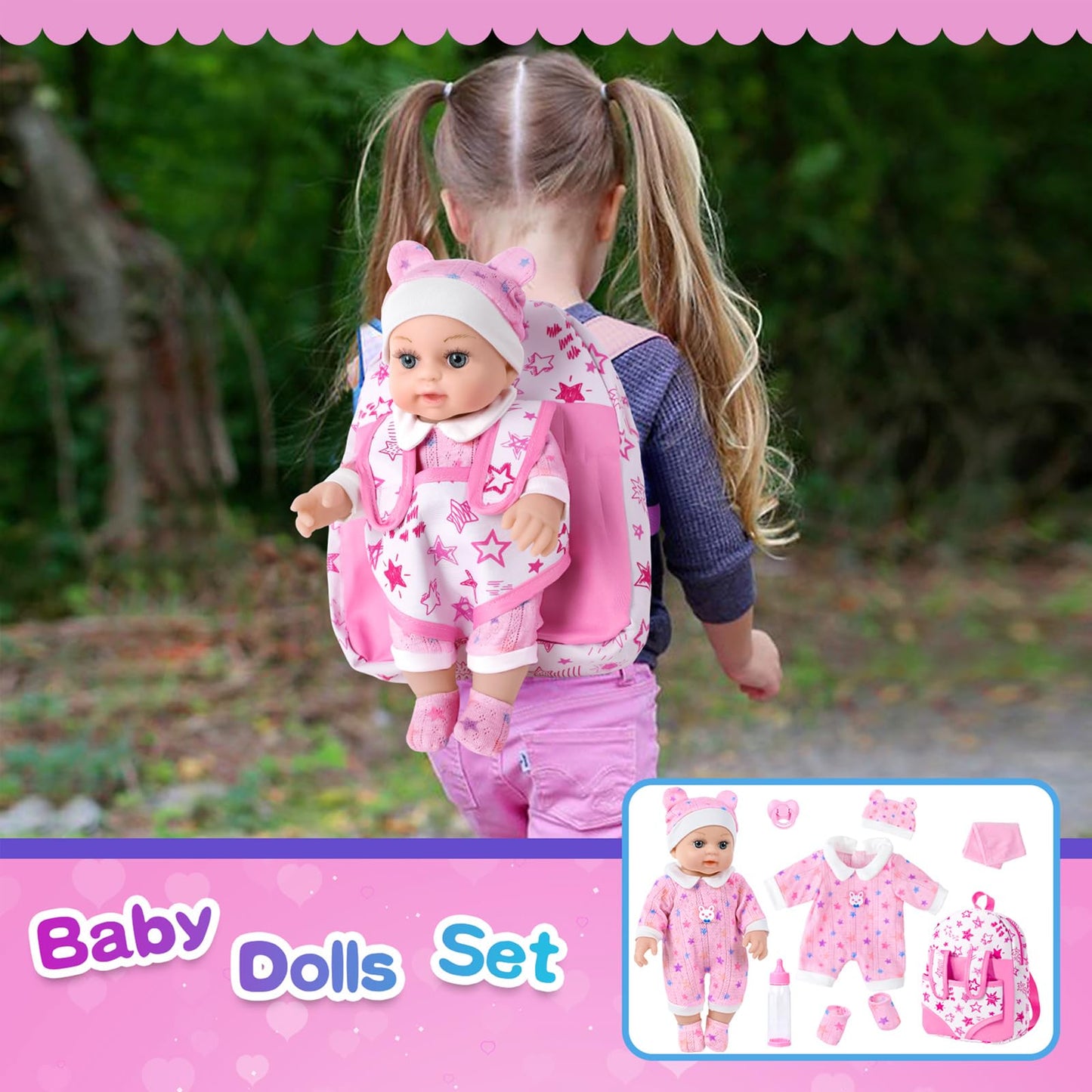 BDDOLL 12in Baby Doll Gift Box with Pink Backpack – Clothes, Bottle & Pacifier for 3+