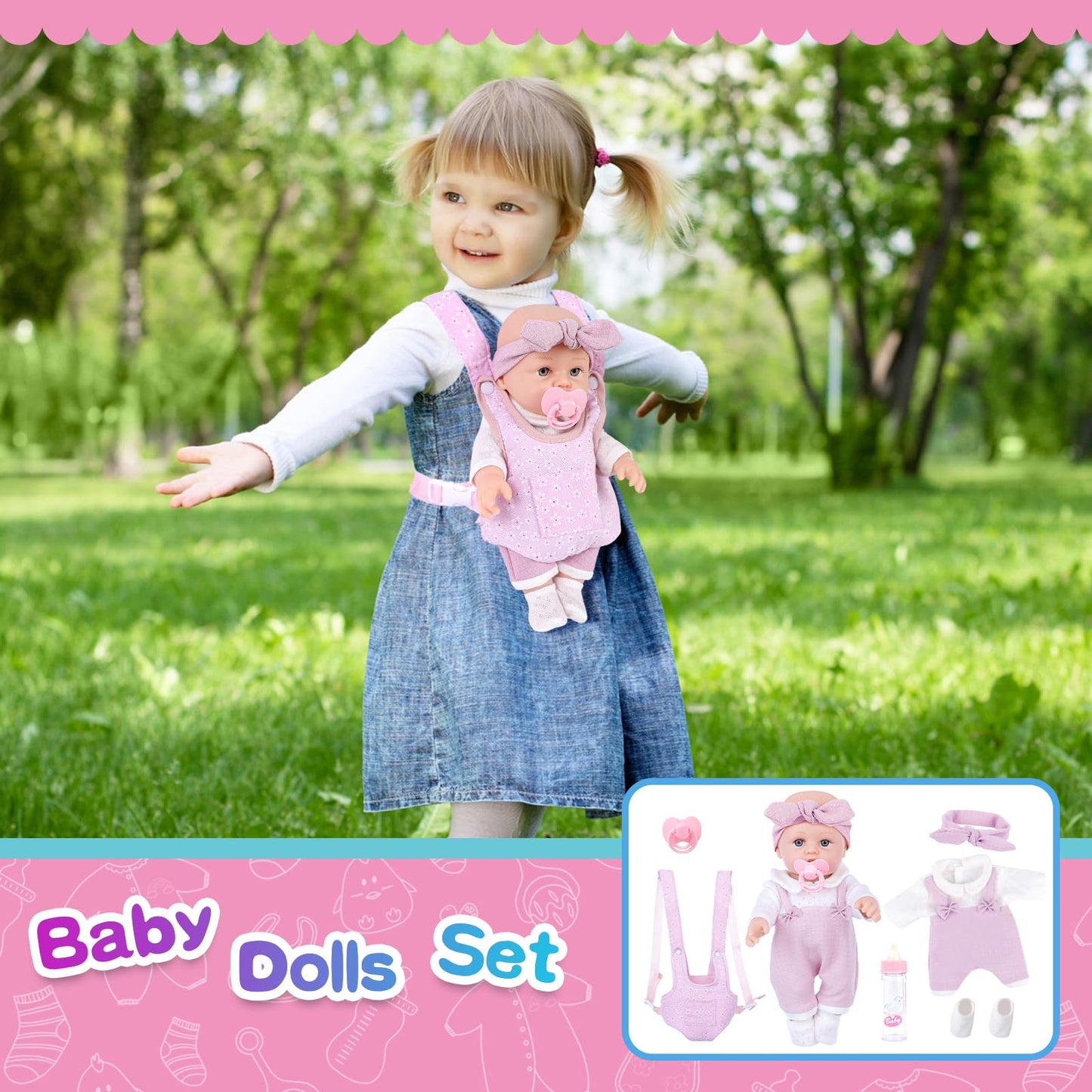 BDDOLL 12-Inch Baby Doll Playset with Carrier & Accessories – Clothes, Bottles, Socks, Headbands