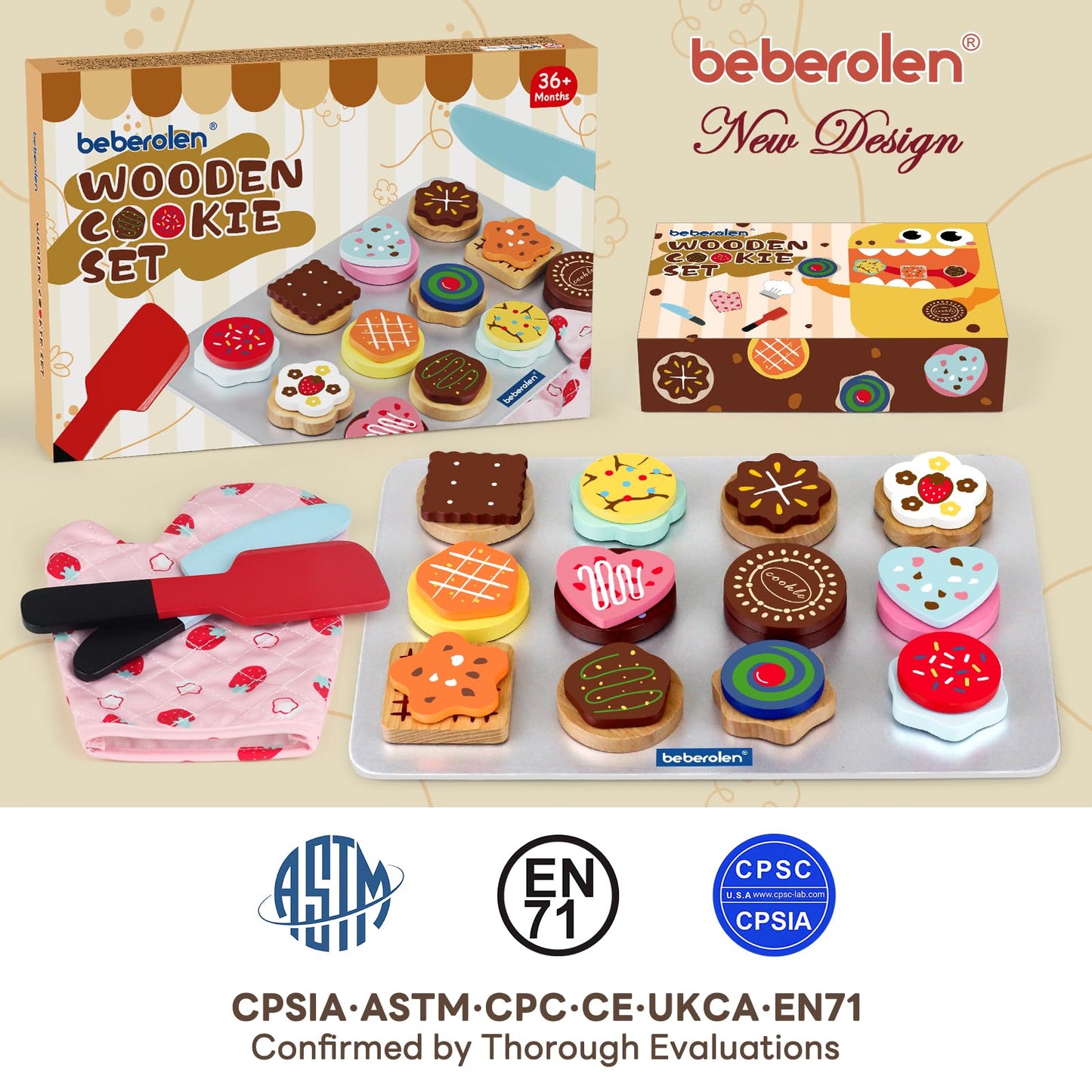 Beberolen Wooden Cookie Play Food Set – Pretend Kitchen Toys for Toddlers 1-3