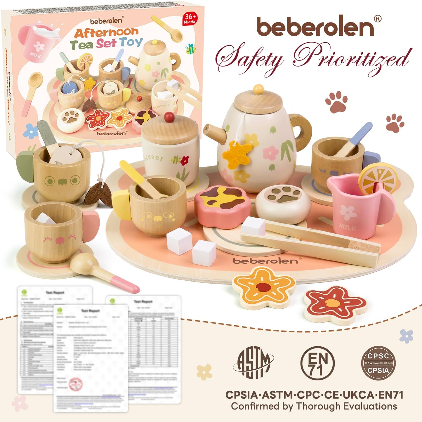 Beberolen Tea Party Set for Toddlers 2-6 | Wooden Bear-Themed Pretend Play Gift