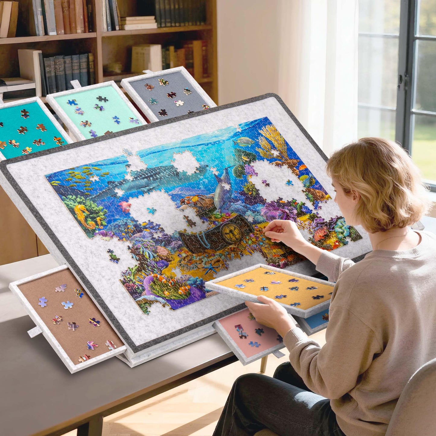 Becko US Tilting Puzzle Board with 2-in-1 Stand & Cover, Lightweight Felt Storage, 8 Drawers for 1500-Piece Puzzles