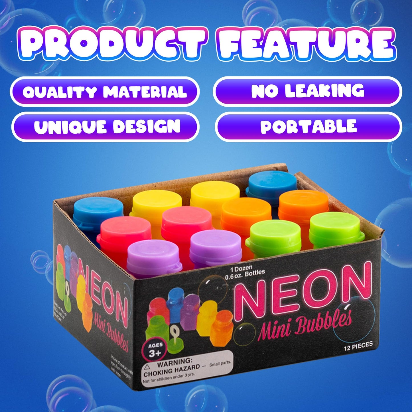 Bedwina Mini Neon Bubbles for Kids – Pack of 12 Neon Bubble Bottles & Wands