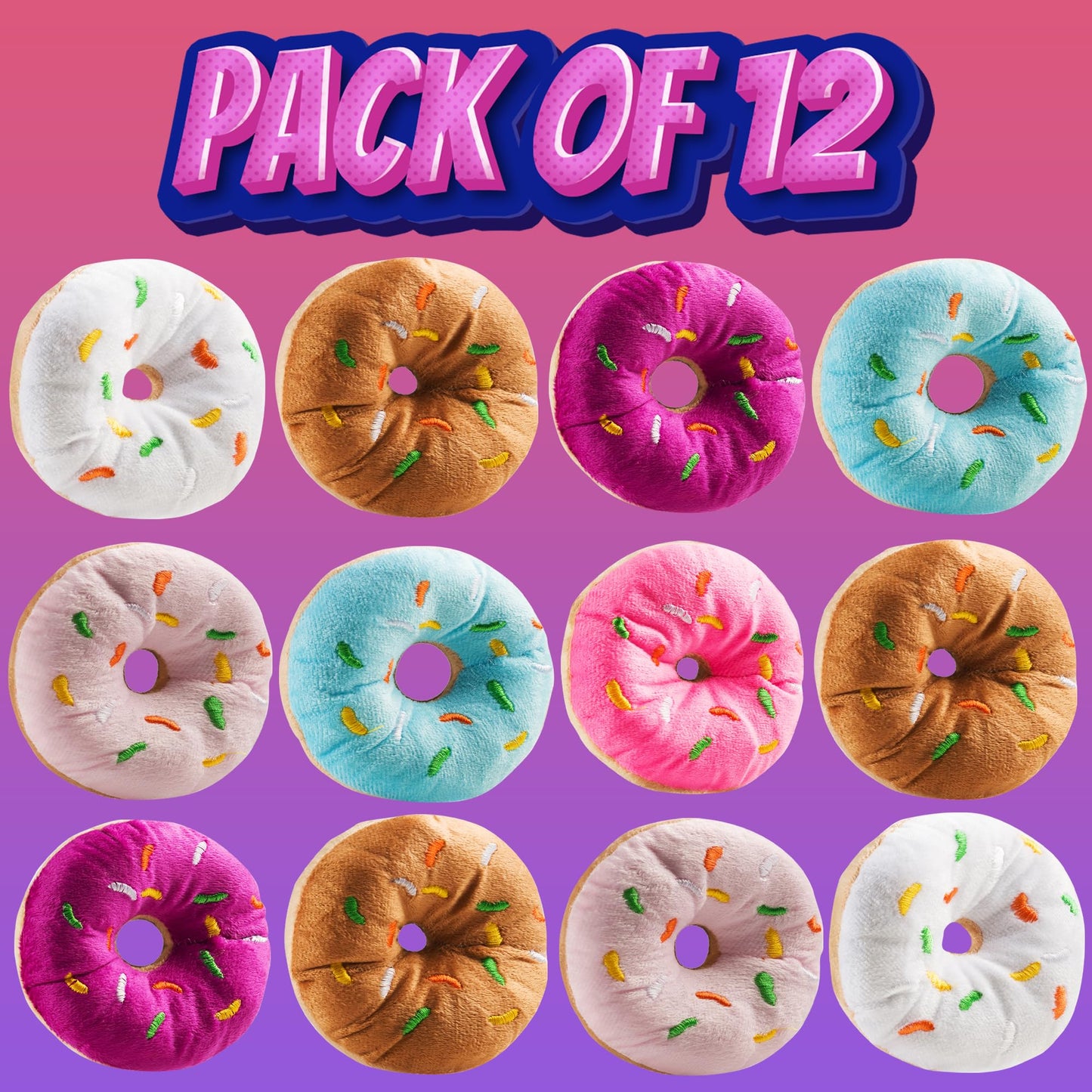 Bedwina Plush Donuts with Sprinkles – 12 Pack | Soft Donut Toys for Parties & Decorations