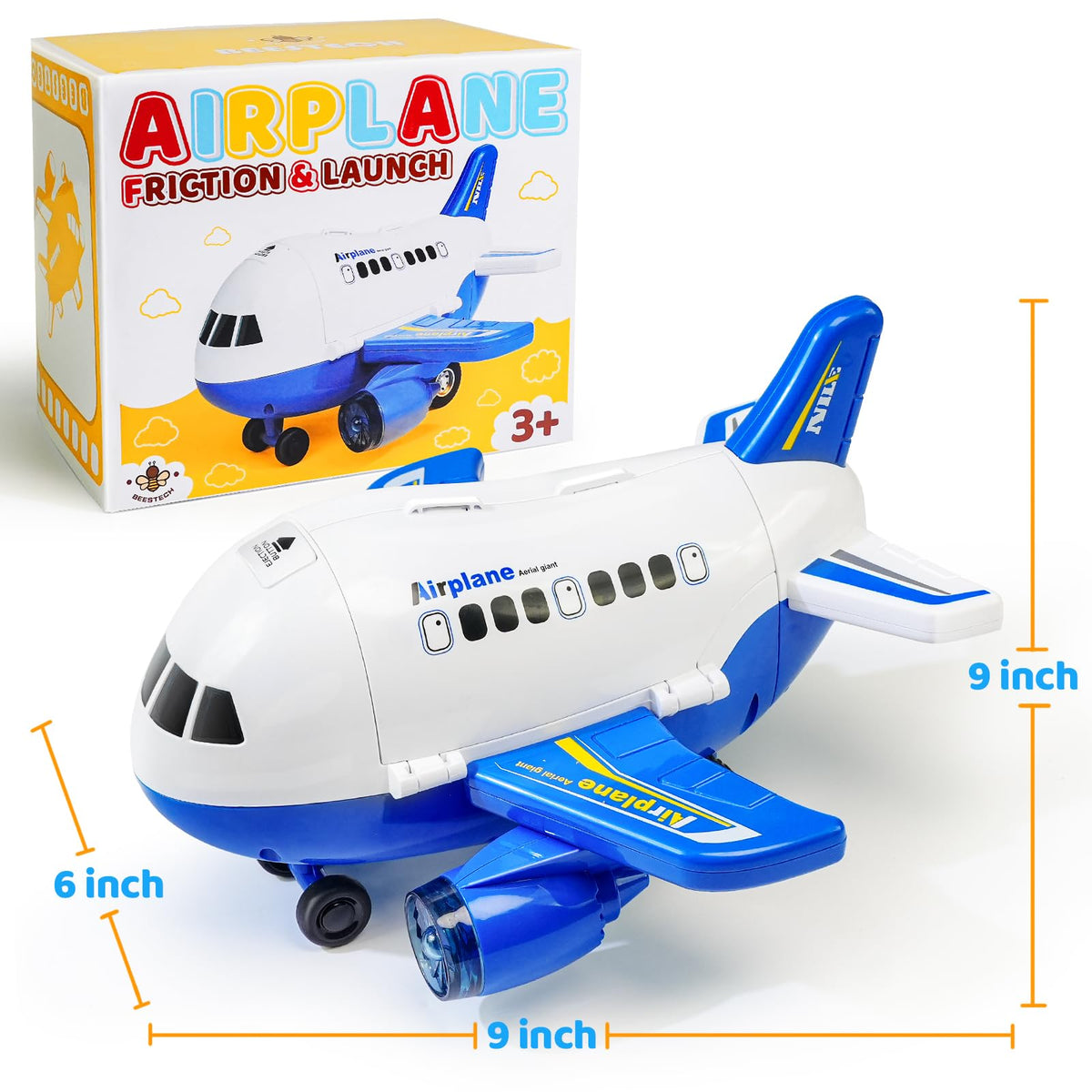 Beestech Airplane Toy with Runway and Car – Friction-Powered Launcher for Kids 3-6 (Blue)