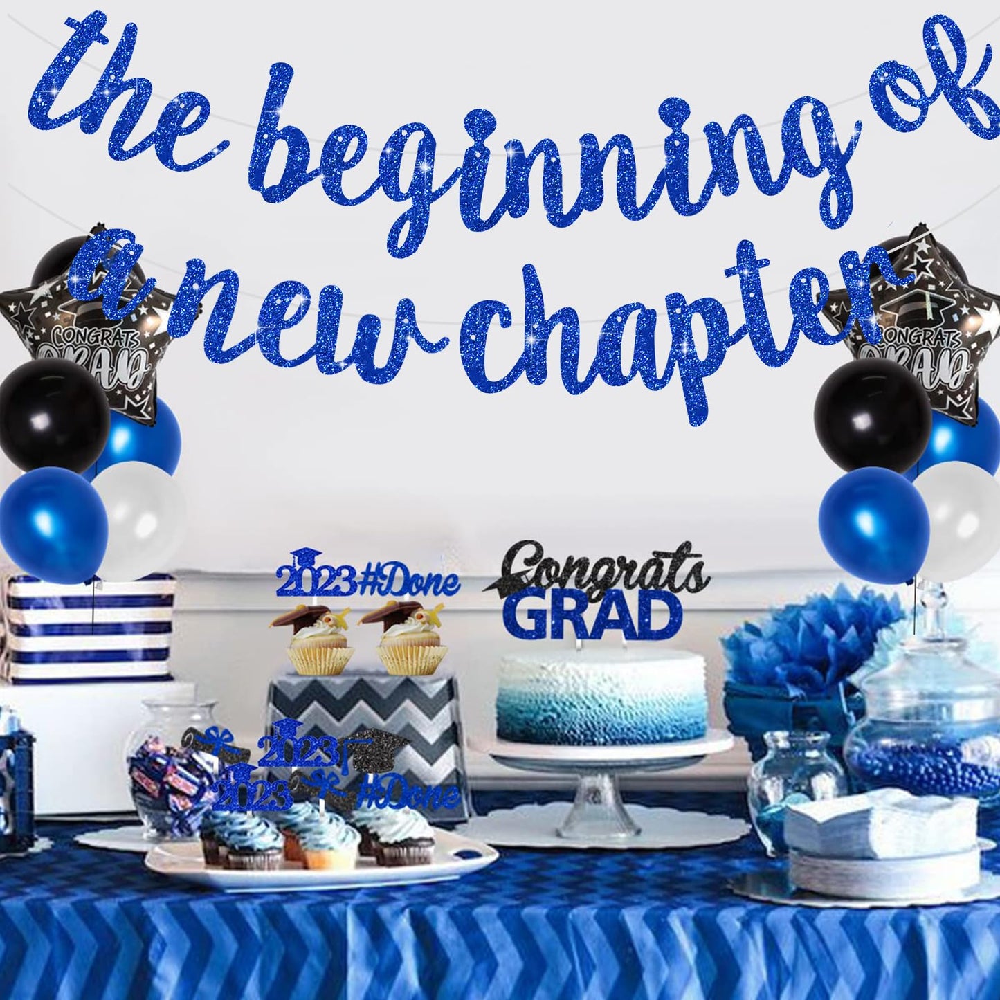BEISHIDA Glitter Blue The Beginning of a New Chapter Banner — Graduation & Farewell Decor