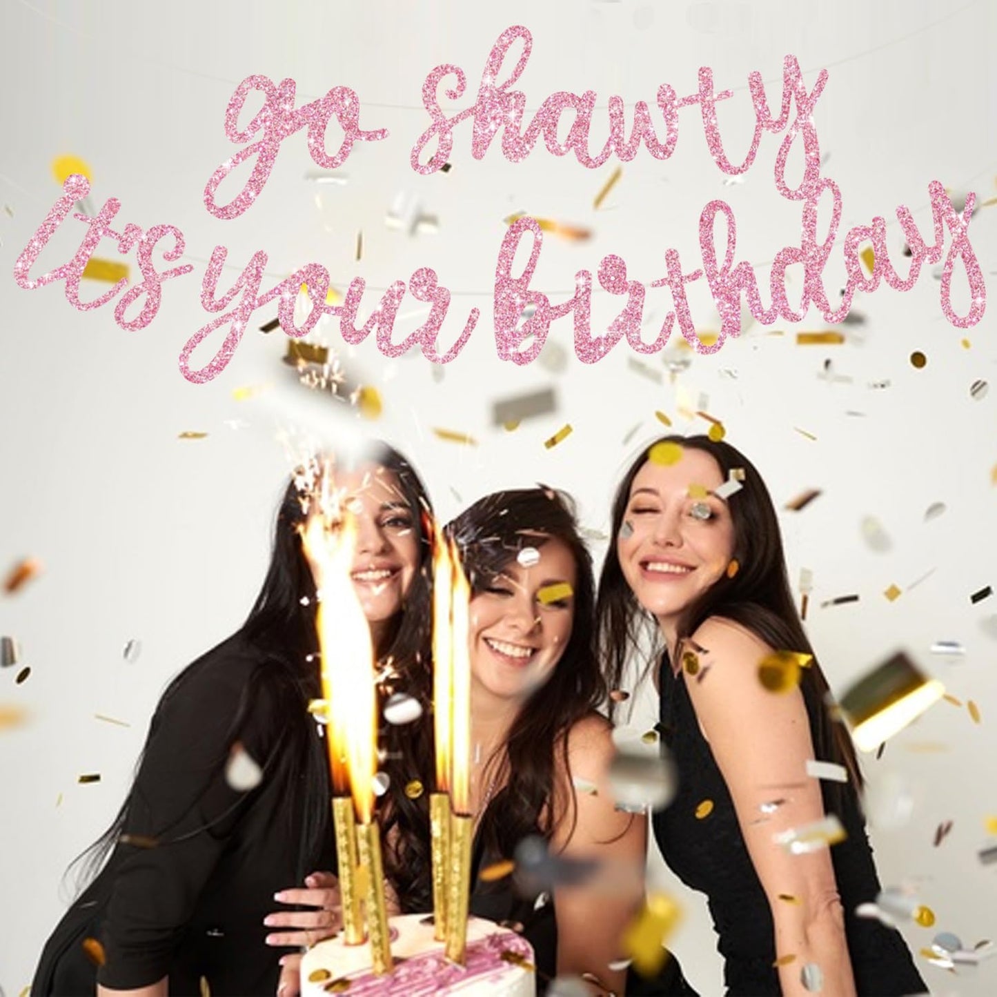 BEISHIDA Pink Go Shawty It's Your Birthday Banner - NO DIY Pre-Strung Hip Hop Glitter Birthday Sign