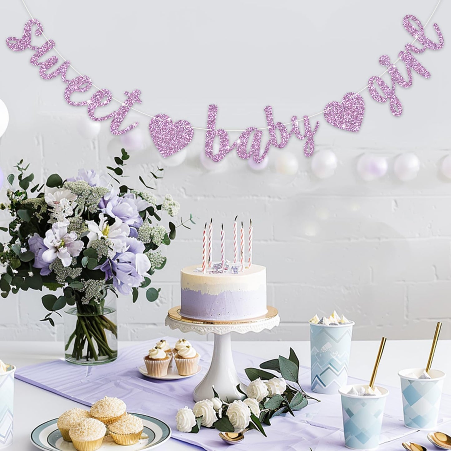 BEISHIDA Light Purple Glitter Girl Baby Banner – Pre-Strung, No DIY, Ready to Hang