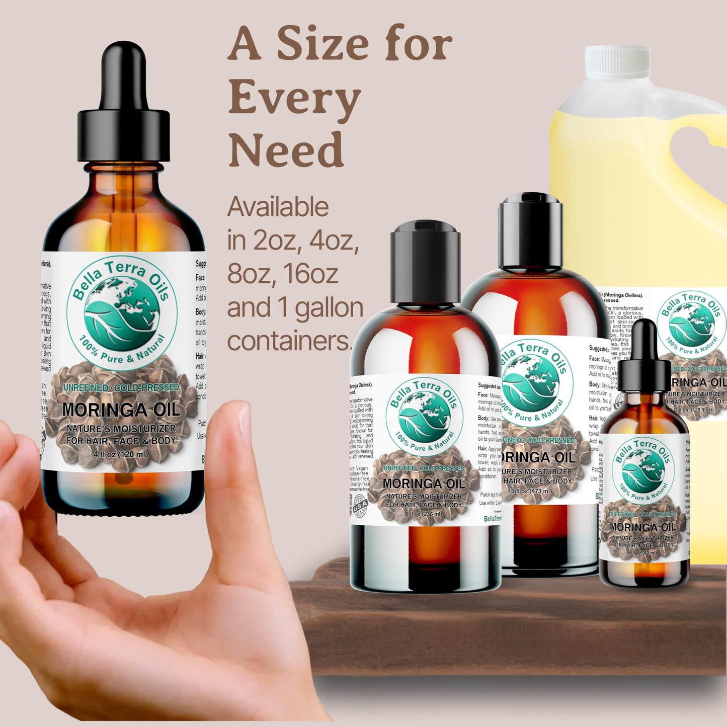 Bella Terra Oils Organic Moringa Seed Oil 8 oz | Pure, Unsaturated Fatty Acids for Skin & Hair Glow