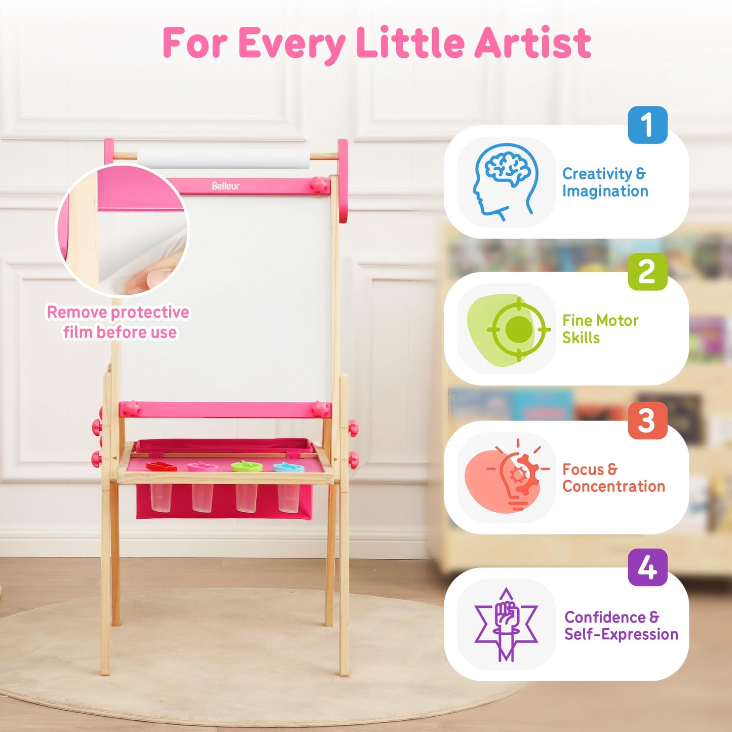 Belleur All-in-One Art Easel for Kids | Adjustable 3-in-1 Magnetic Whiteboard, Chalkboard & Paper Roll