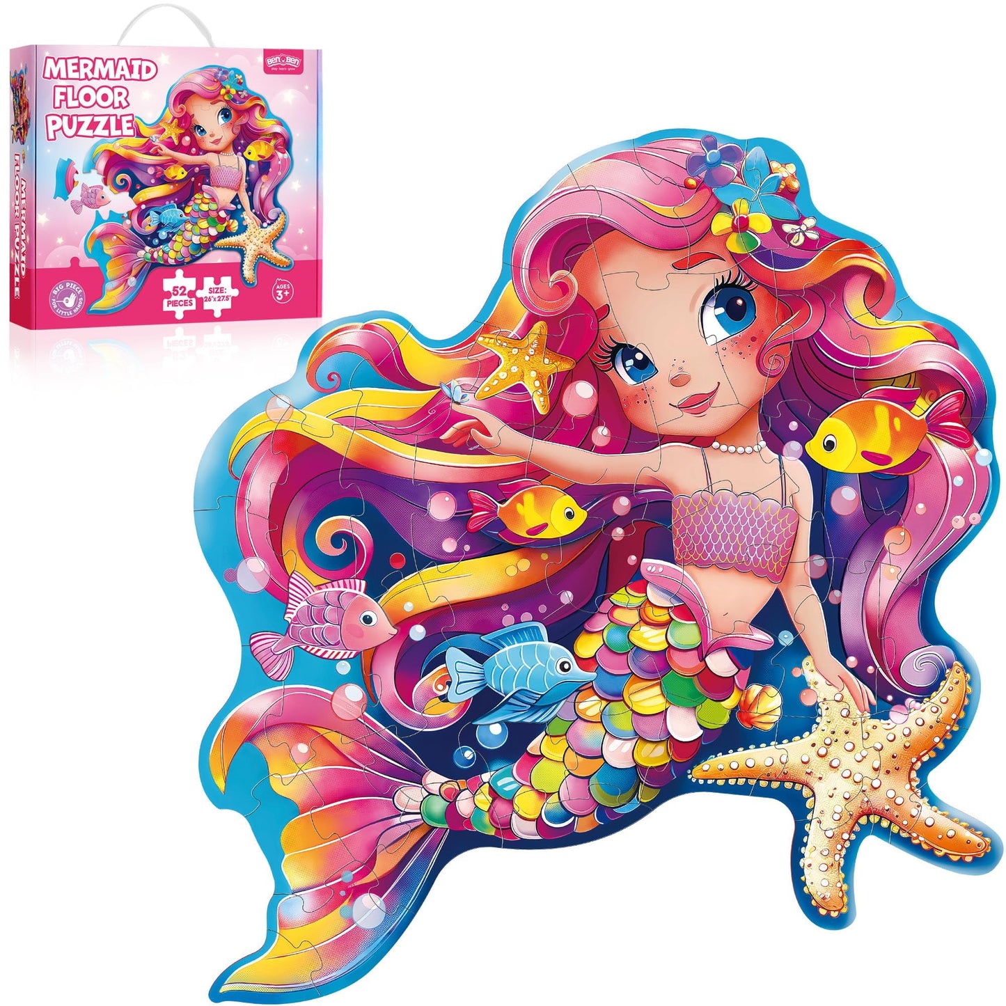 BenBen Floor Puzzle – 52-Piece Jumbo Mermaid for Kids (26x27.5 in)