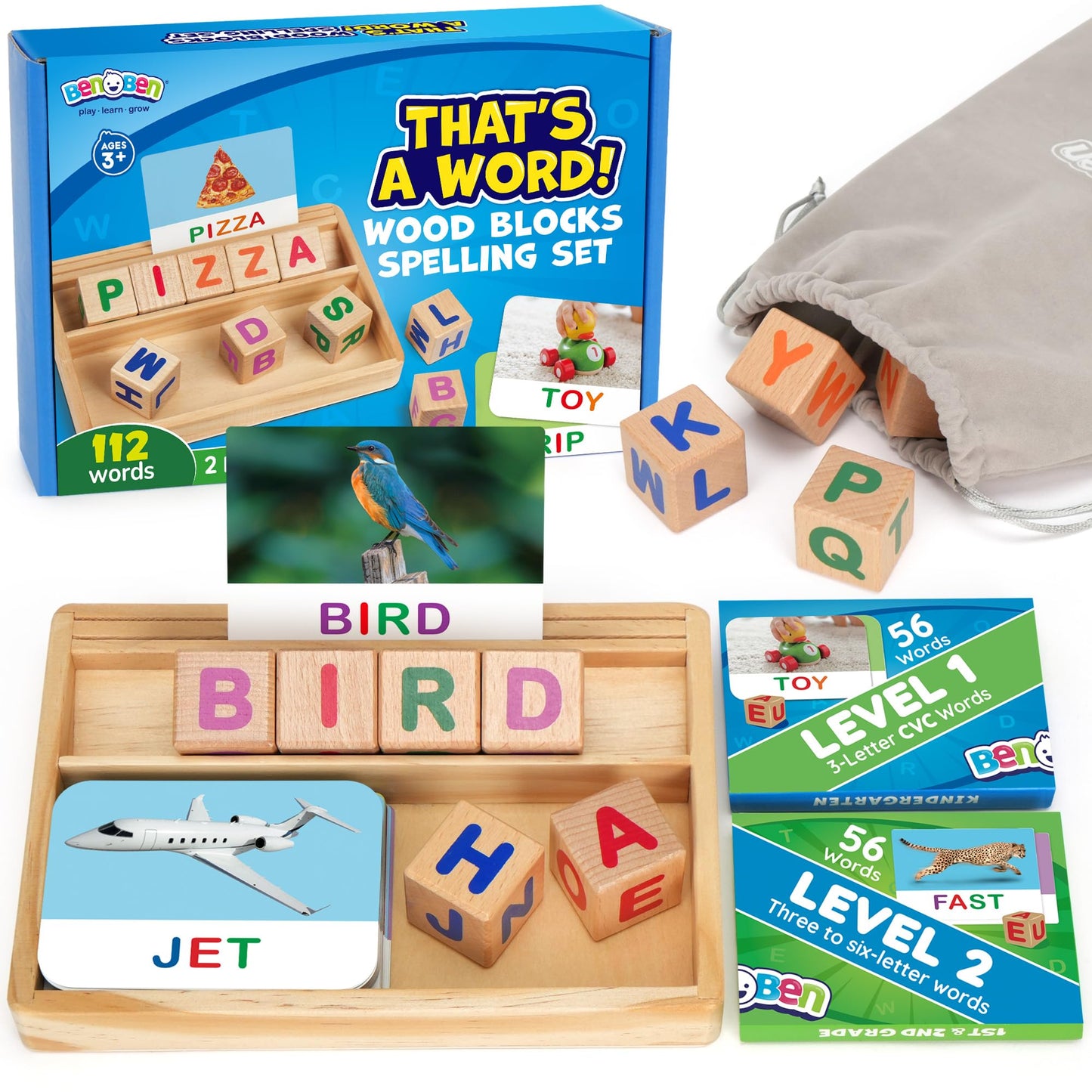 BenBen Spelling Games with Flash Cards | Montessori Wooden Letters for 3-6 Year Olds