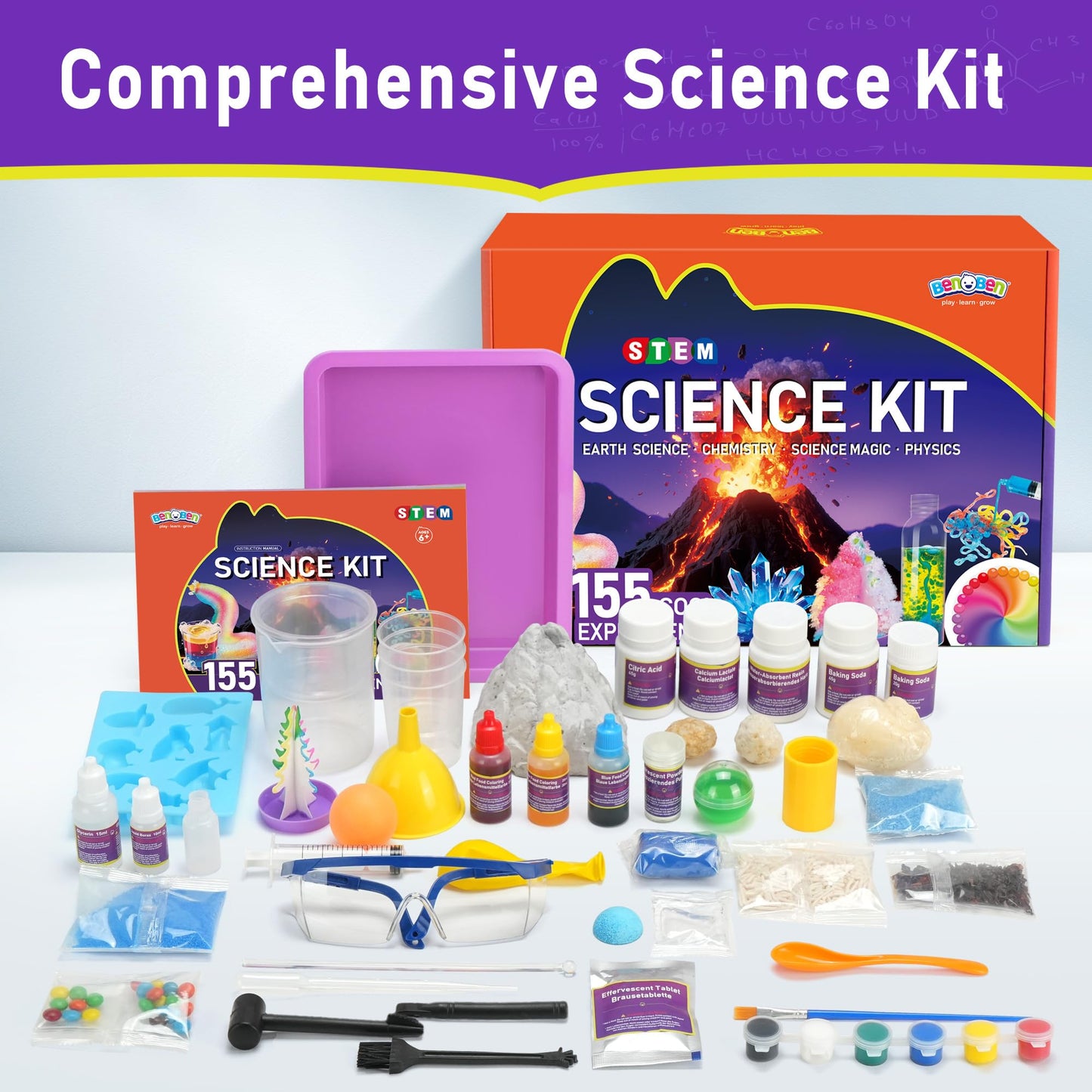 BenBen Science Kits for Kids 8-12 - 155 Experiments | Volcano Kit & Chemistry Set