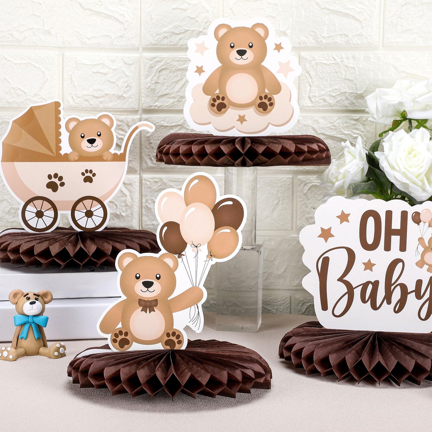 Bencailor 12 Pcs Bear Baby Shower Honeycomb Centerpieces – Neutral Cream