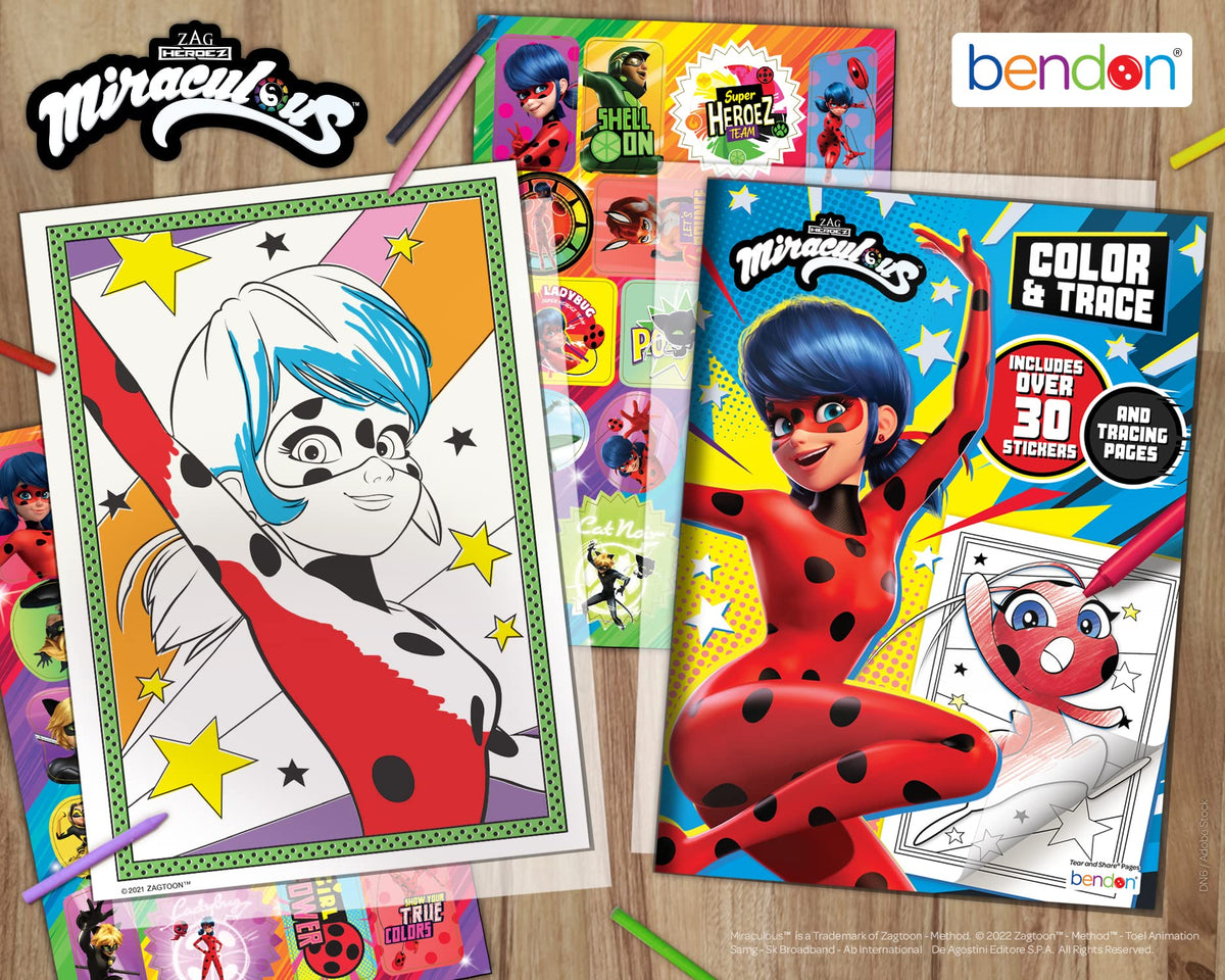 Bendon Miraculous Color & Trace Coloring Book – 48 Pages, 30+ Stickers, Tracing Sheets (Licensed) 52562