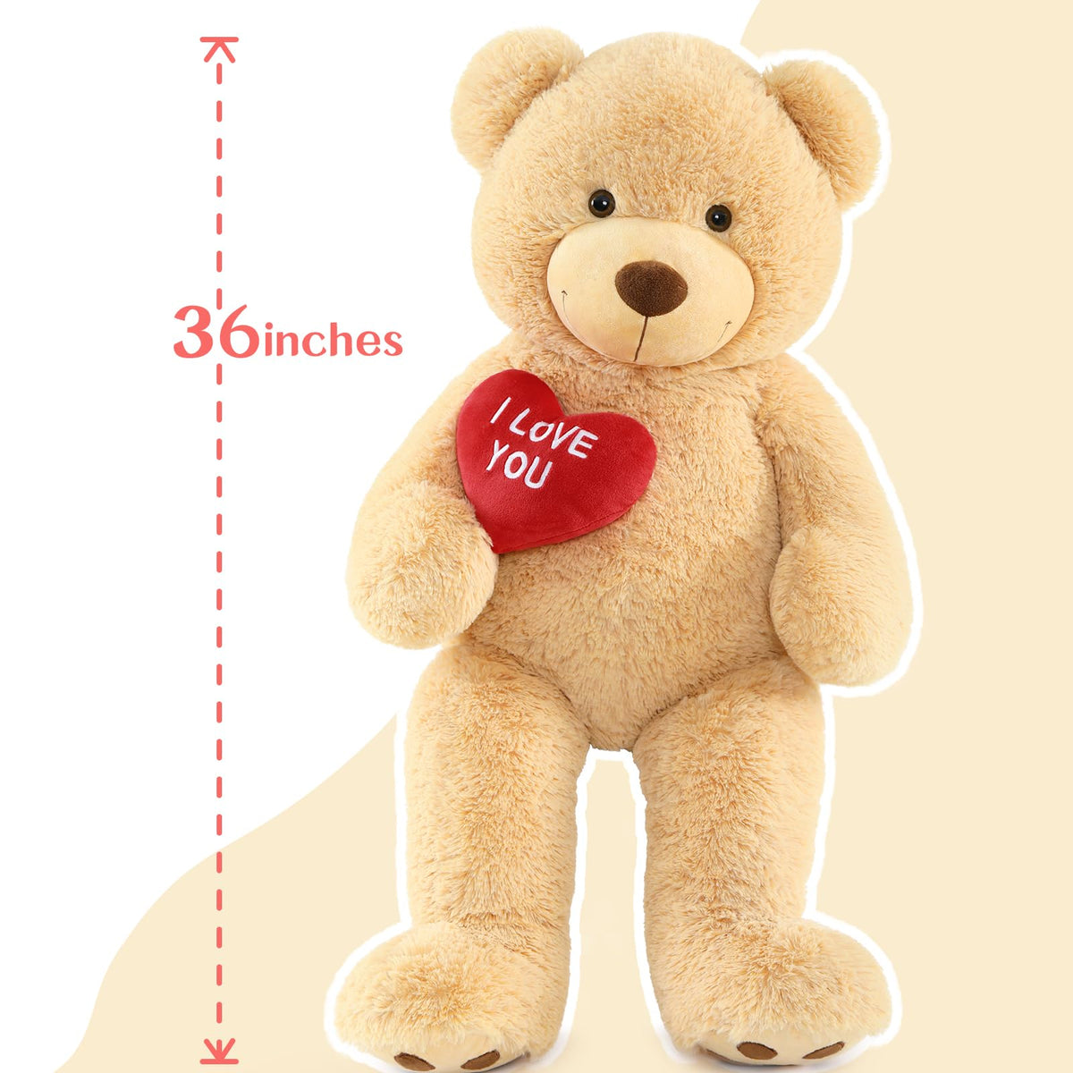 BENINY Red Heart Giant Teddy Bear 3ft — Embroidered I Love You, Brown Plush Gift